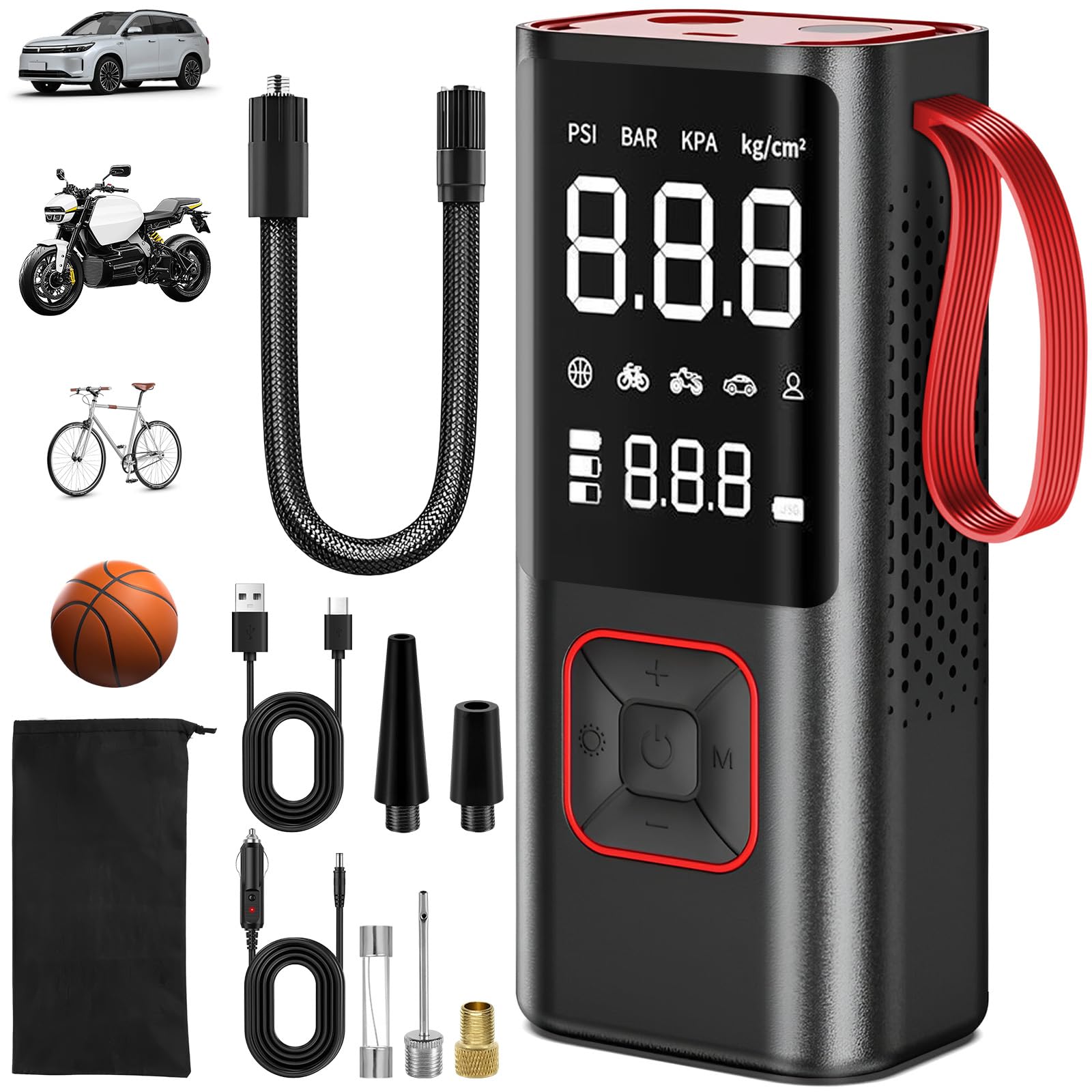 Gonfiatore Pneumatici Power Bank Torcia Elettrica 3 in 1, 6000mAh Compressore Aria Portatile, Pompa Ricaricabile Senza Fili Mini 150PSI, Accessori Auto per Bicicletta, Motociclette,Monopattino,Palloni