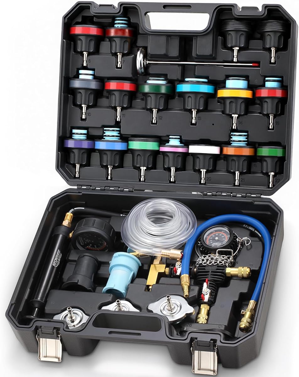 FOUR UNCLES Radiator & Coolant Pressure Tester and Vacuum Refill Kit - 28-Piece Universal Cooling System Leak Tester and Refiller for Cars Motorcycles Trucks (Black)