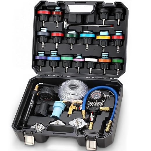 FOUR UNCLES 28 Pieces Universal Radiator Pressure Tester, Coolant Pressure Tester Kit Cooling System Pressure Tester Kit Vacuum Type Cooling System Tool Kit Black