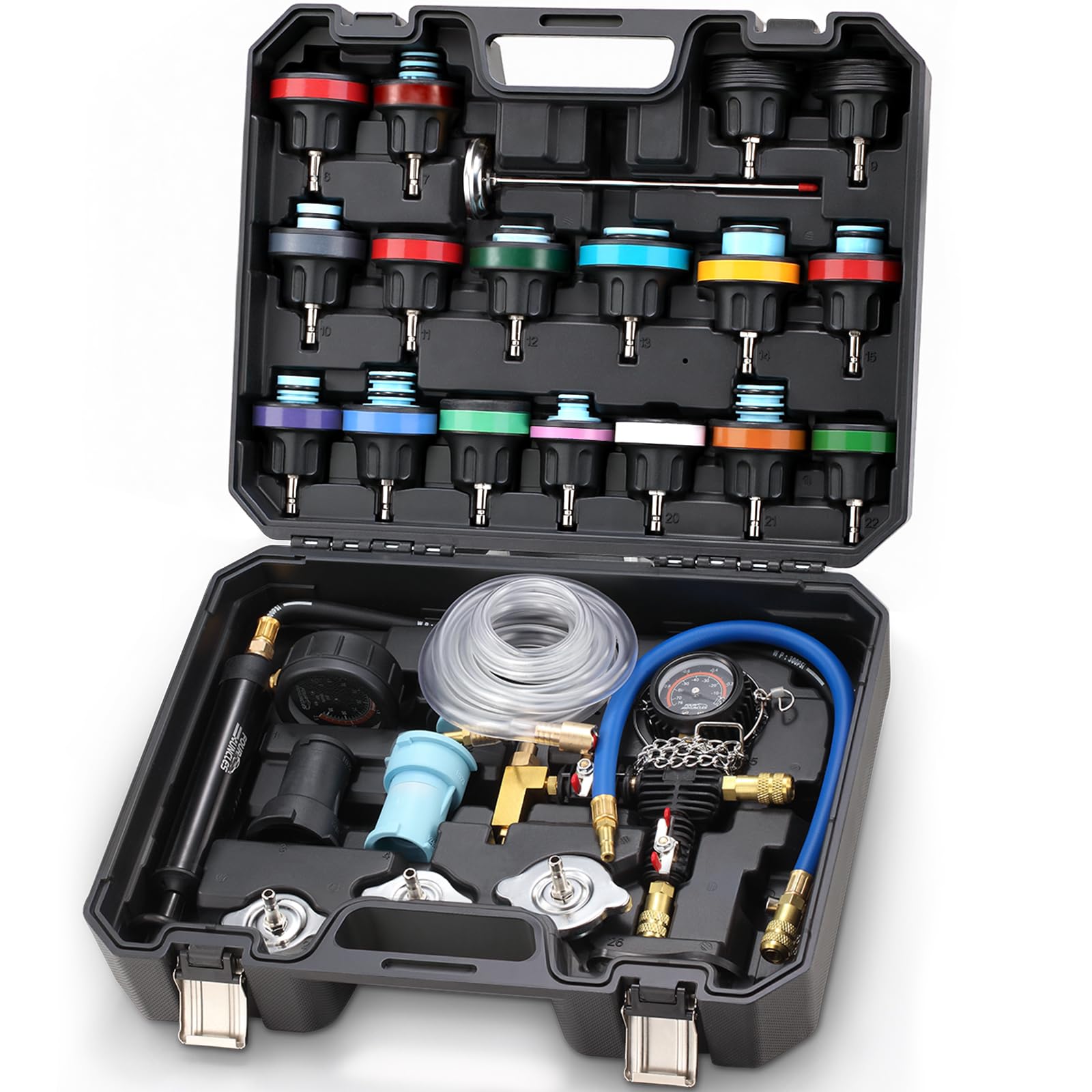 FOUR UNCLES Radiator & Coolant Pressure Tester and Vacuum Refill Kit - 28-Piece Universal Cooling System Leak Tester and Refiller for Cars Motorcycles Trucks (Black)
