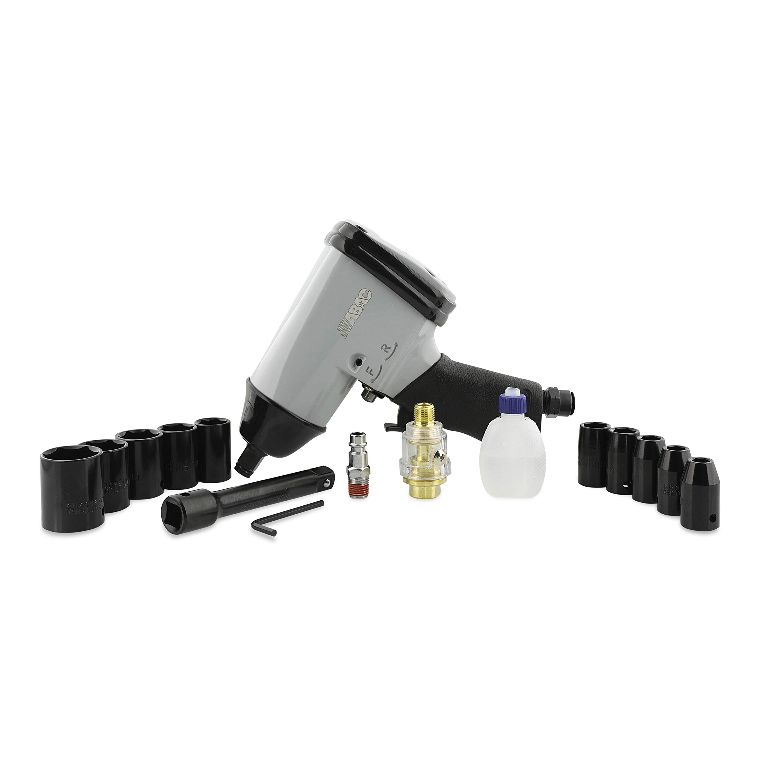 ABAC Atornilladore de Impacto Neumática 1⁄2" G-101 - Maletín de plástico con accesorios (tomas + barra de extensión 100mm + mini engrasador + botella de aceite vacía) - Par: 345 Nm