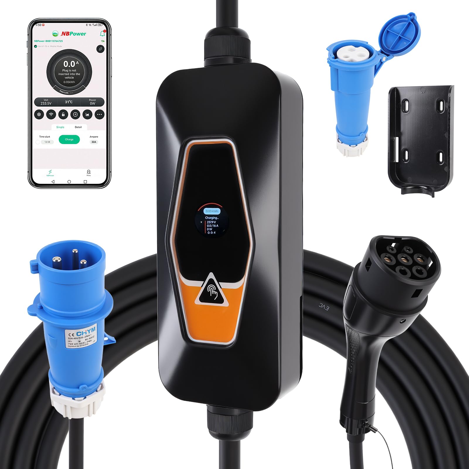 Type 2 EV Ladegerät 7KW, 6A/8A/10A/13A/16A/24A/32A Einstellbar,5m Ladekabel Dreiphasig, Tragbare Mobile Wallbox mit App-Steuerung für Fernzugriff&Ladezeitvorwahl, mit CEE Stecker, IP54 Schutz