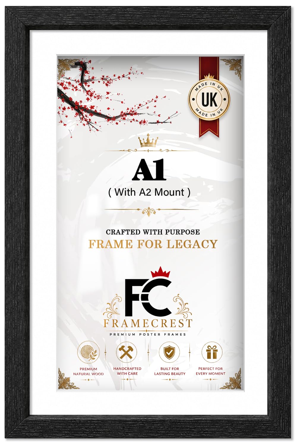 FRAMECREST LTD A1 MDF Wood Picture Frame with A2 Mount - Premium Perspex & Wall Hanging Kit - Modern Gallery Style Poster Frame for Portrait or Landscape Display 33 X 23 Inch - [Black]