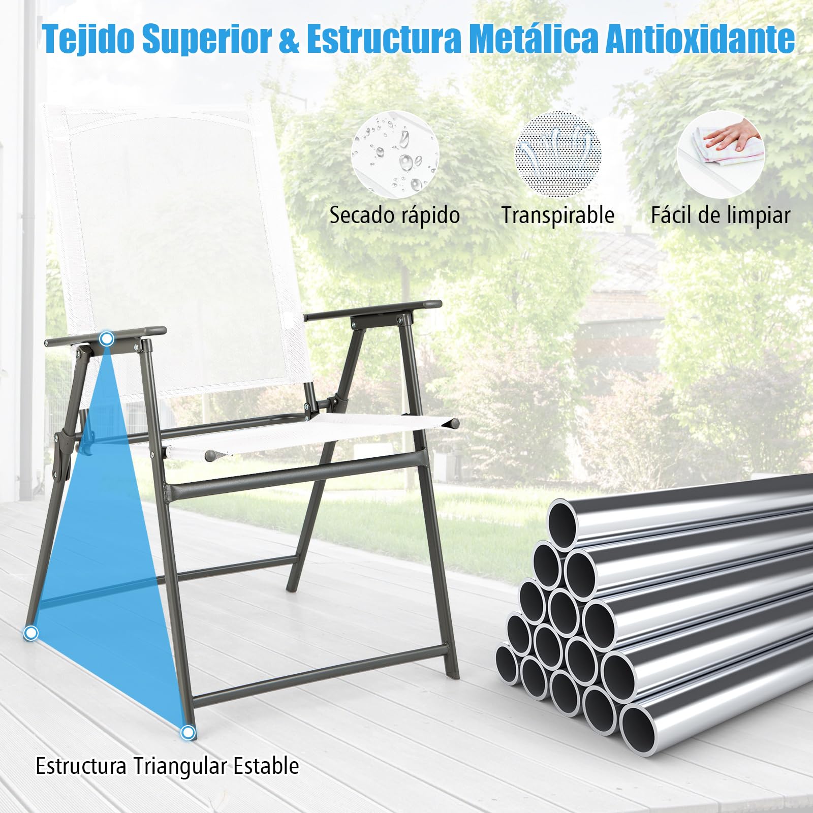 COSTWAY 2/4 Sillas Texteline Plegables para Exterior, 62 x 58 x 89 cm, Respaldo Alto, Carga 150kg, Terraza, Balcón, Jardín, Patio, Piscina (4, Blanco, M)