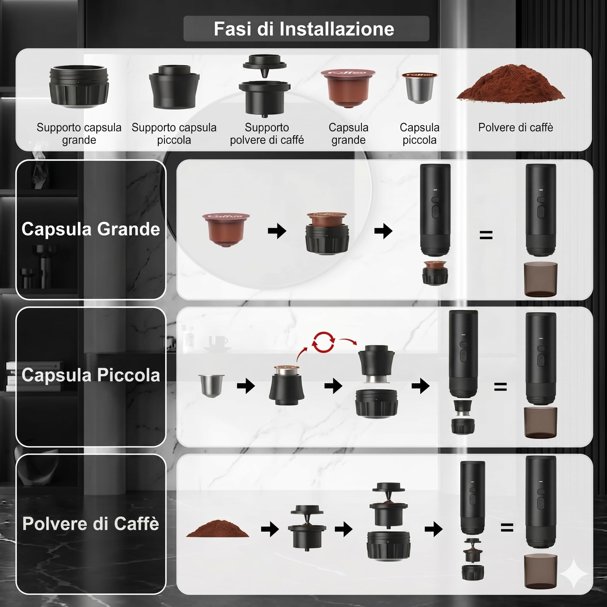 Macchina Caffè Espresso Portatile 3 in 1, Macchina da Caffè Italiana Automatica con Funzione Riscaldamento, Compatibile con Capsule Grandi, Piccole e Polvere, Batteria Ricaricabile USB (Nero)