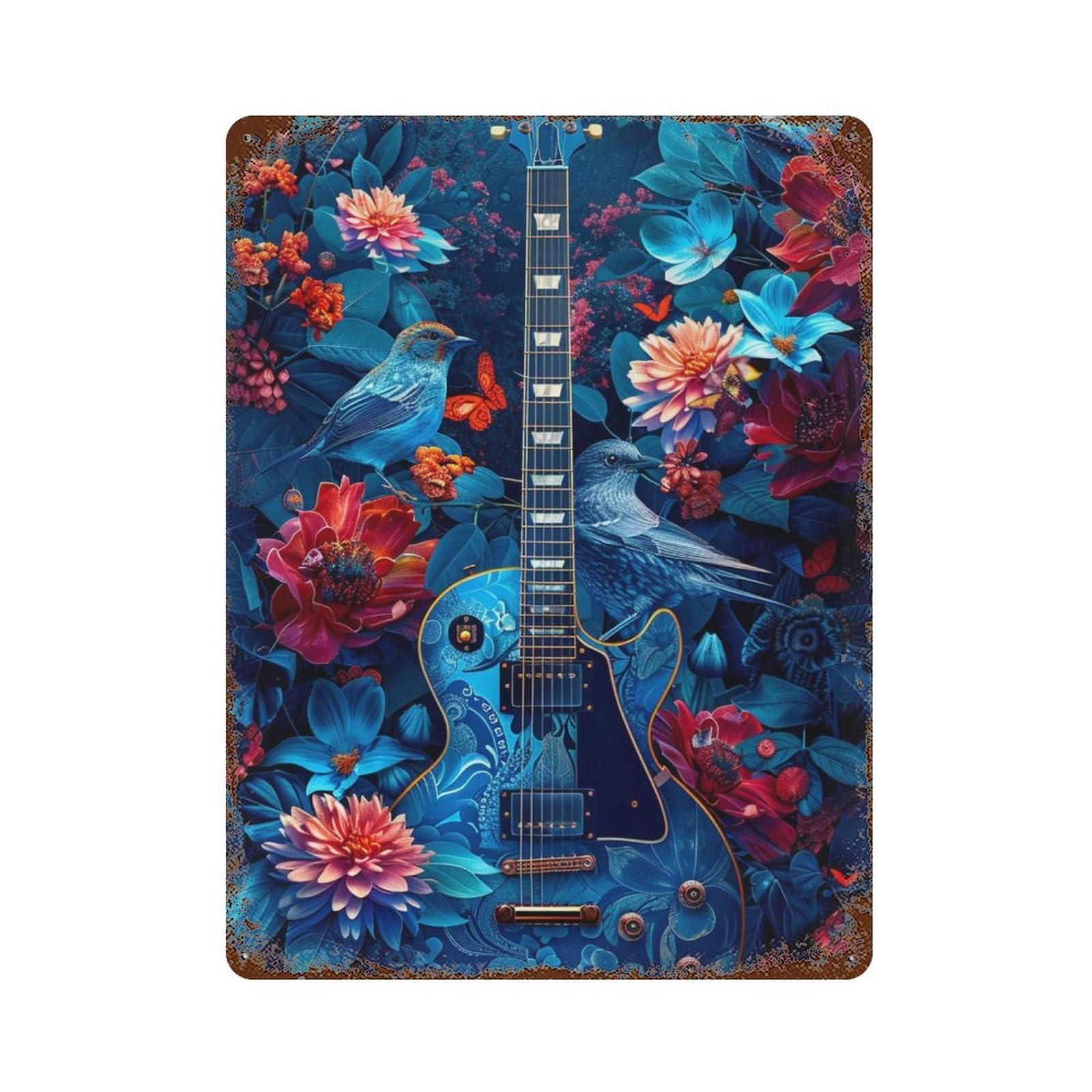 Guitar in Floral Garden Rusty Metal Tin Sign 15.7"x11.8", Rustic Home Decor for Garage, Pub Or Kitchen