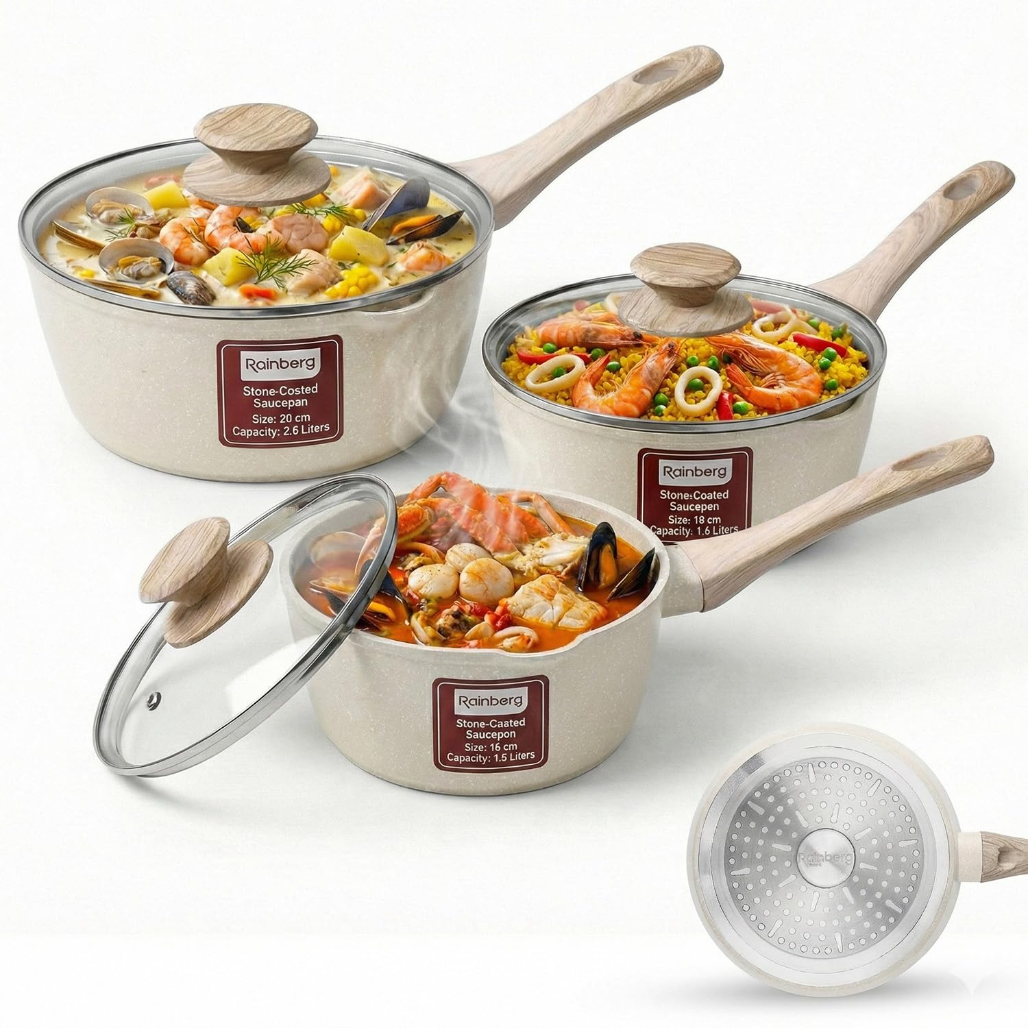 Rainberg Saucepan with Lid, Nonstick Milk Pan Suitable with Induction, Gas and Electric Hobs, Cooking Pot with Pour Spout. (Beige, 3PK 16-18 & 20cm)