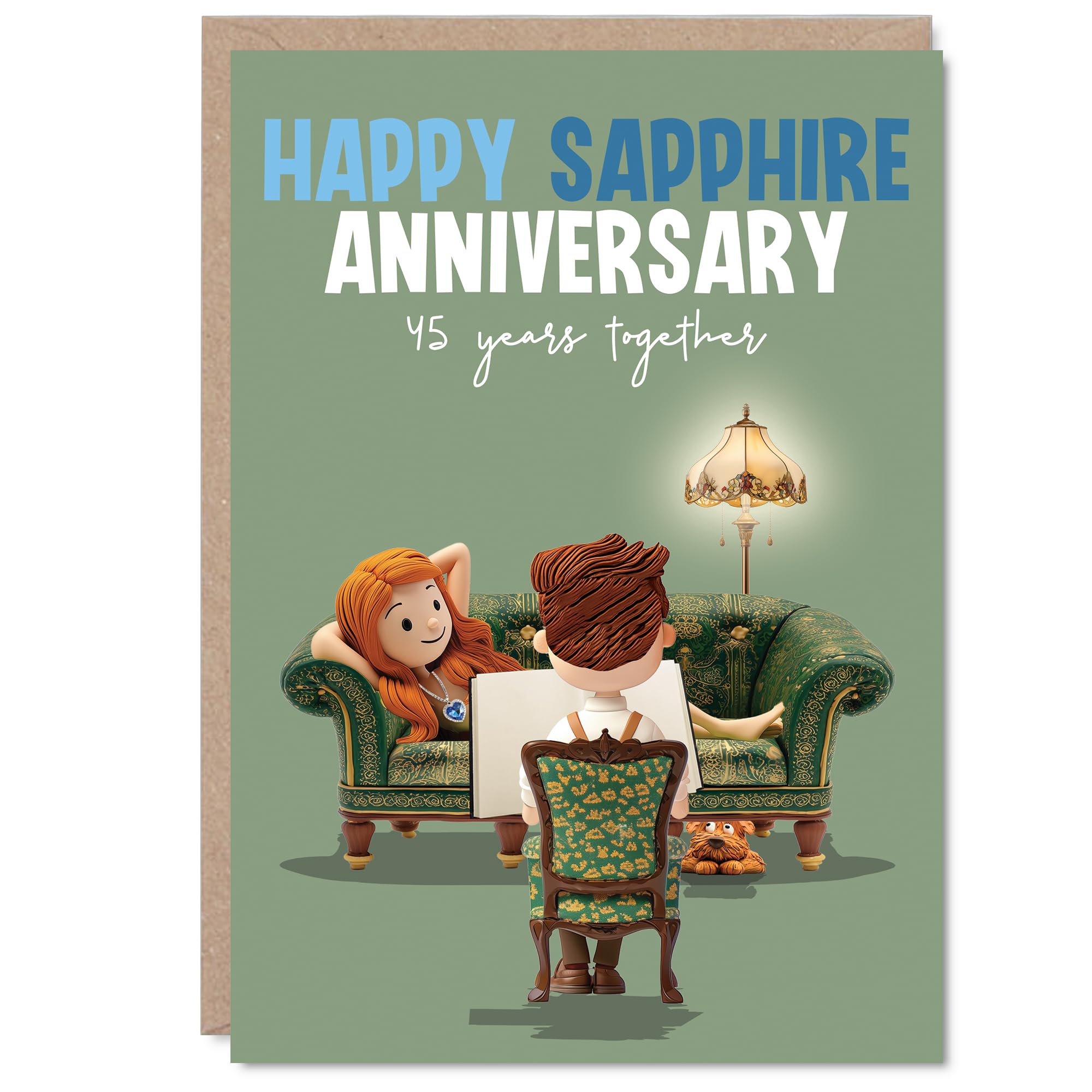 Sentimental 45th Anniversary Card - Forty-five Years and Still Going Strong - Playful Cosy Couple Illustration in a Cheerful Living Room - A5, Envelope Included