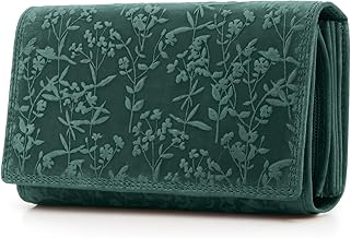 ekavale Women's Wallet with Flower Pattern, RFID Protection, Leather Wallet, Long Format with Press Stud, petrol, Classic