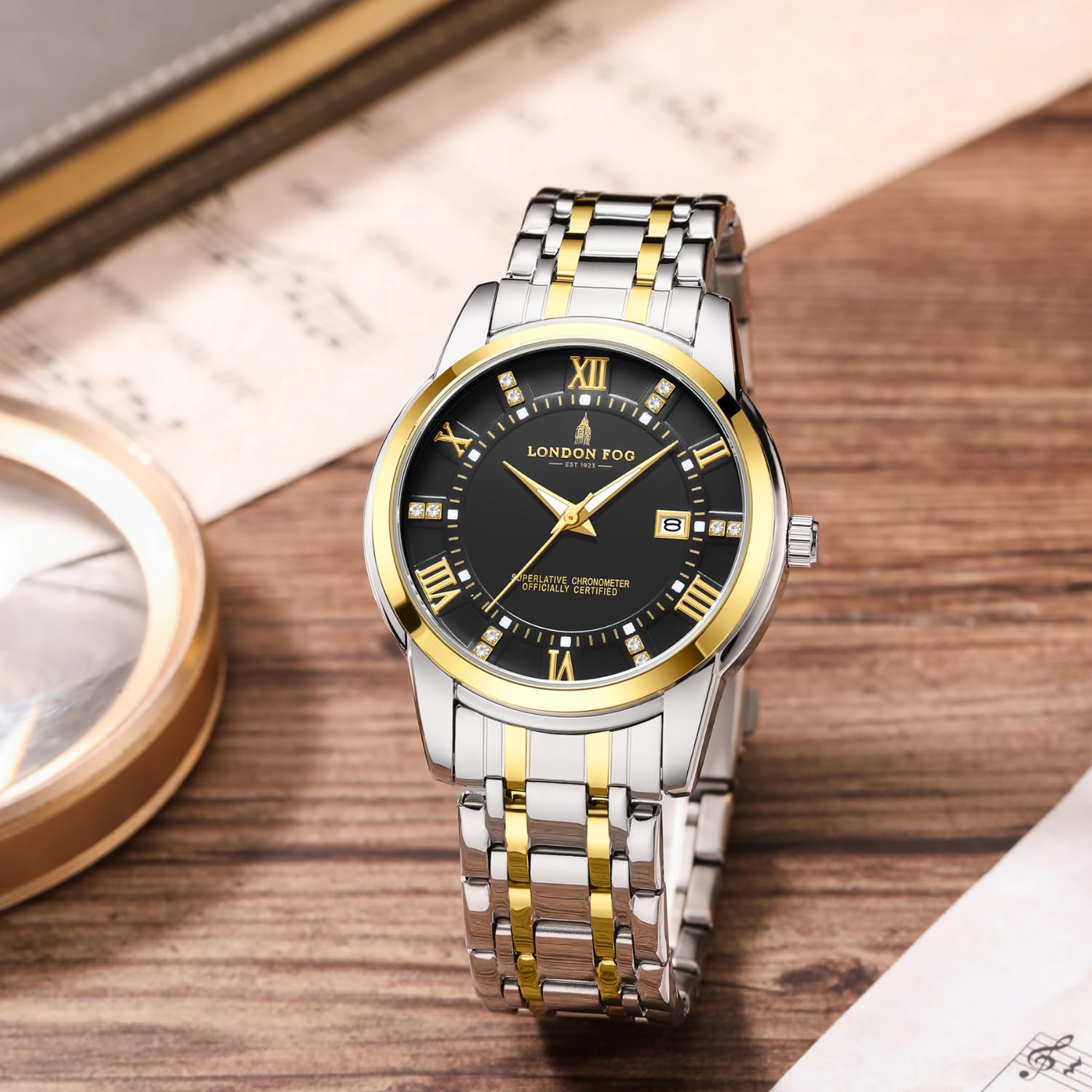 London Fog Regent Collection Analog Quartz Watch for Men with Black Dial and Two Tone Silver Gold Stainless Steel Strap, Metal Case, Date Display, Luminous Hands & Hour Markers, Water Resistant 1
