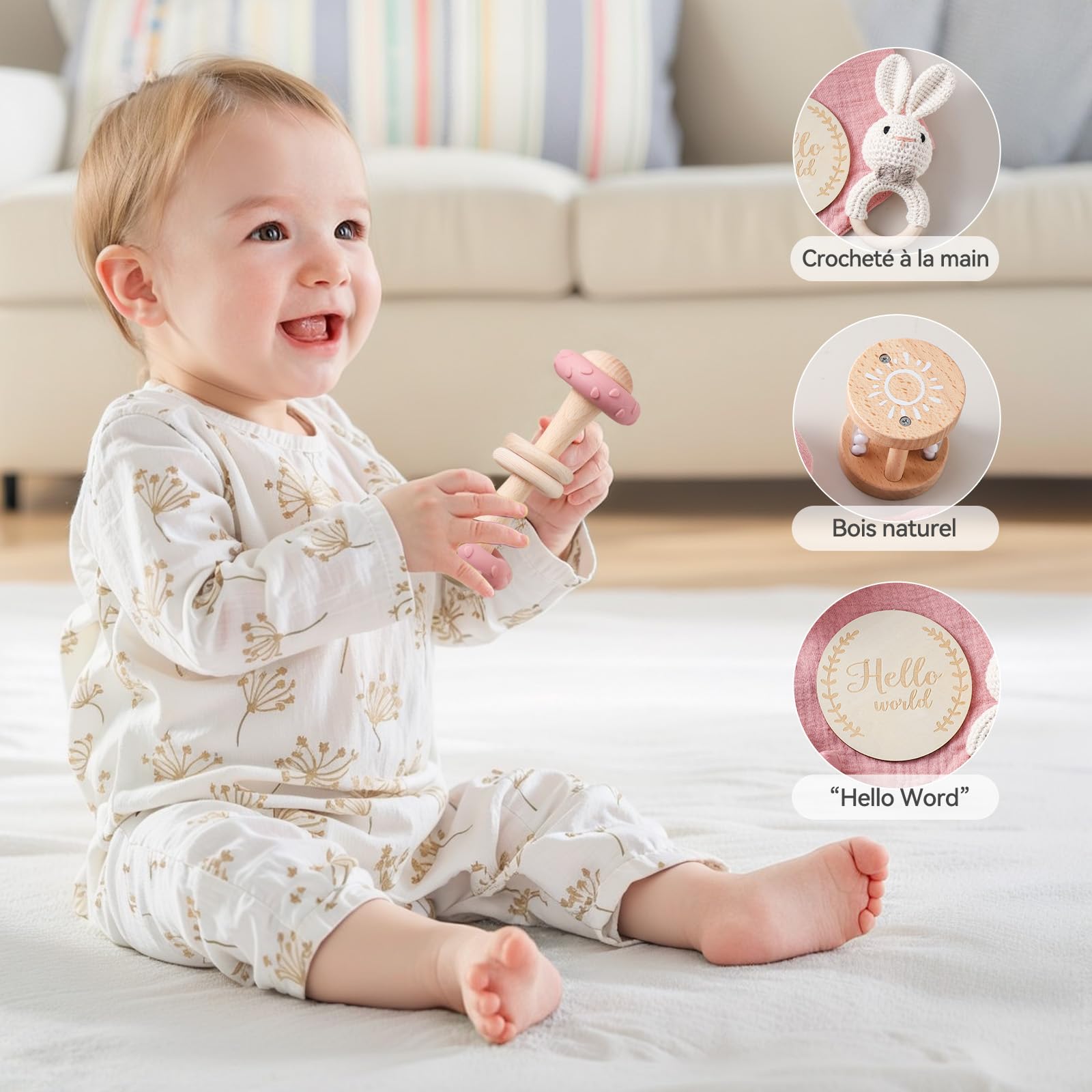 Cadeau pour nouveau-né, 6 pièces, pour bébé fille garçon – Serviettes de bain, bavoirs, jouets en bois, hochet lapin au crochet et cartes de jalons, emballage cadeau (rose)