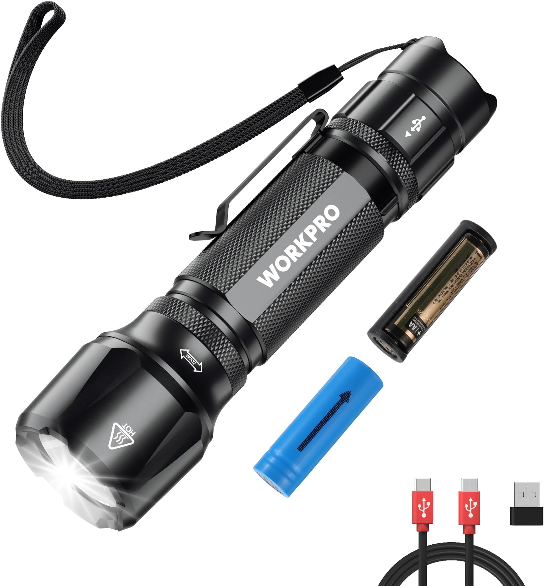 WORKPRO 1200LM Rechargeable Tactical Flashlight, EDC Mini Flashlight, Pocket Flashlight with Clip & Lanyard, 7 Light Modes, Zoomable Adjustable Focus, Includes Lithium Battery & Alkaline Battery