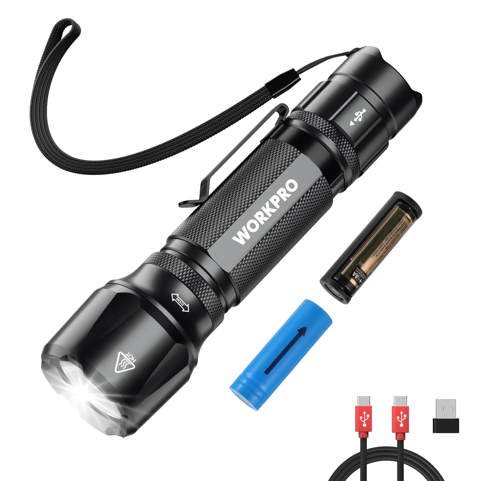WORKPRO1200LM Rechargeable Tactical Flashlight, EDC Mini Flashlight, Pocket Flashlight with Clip & Lanyard, 7 Light Modes, Zoomable Adjustable Focus, Includes Lithium Battery & Alkaline Battery