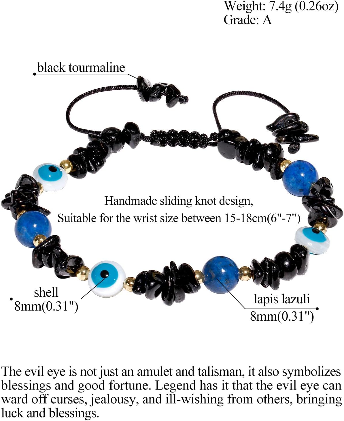 Jewever Black Tourmaline/Lapis Lazuli/Evil Eye Bracelets Triple Protection Crystal Chips Beaded Bracelets for Women Jewelry Gifts - Image 3