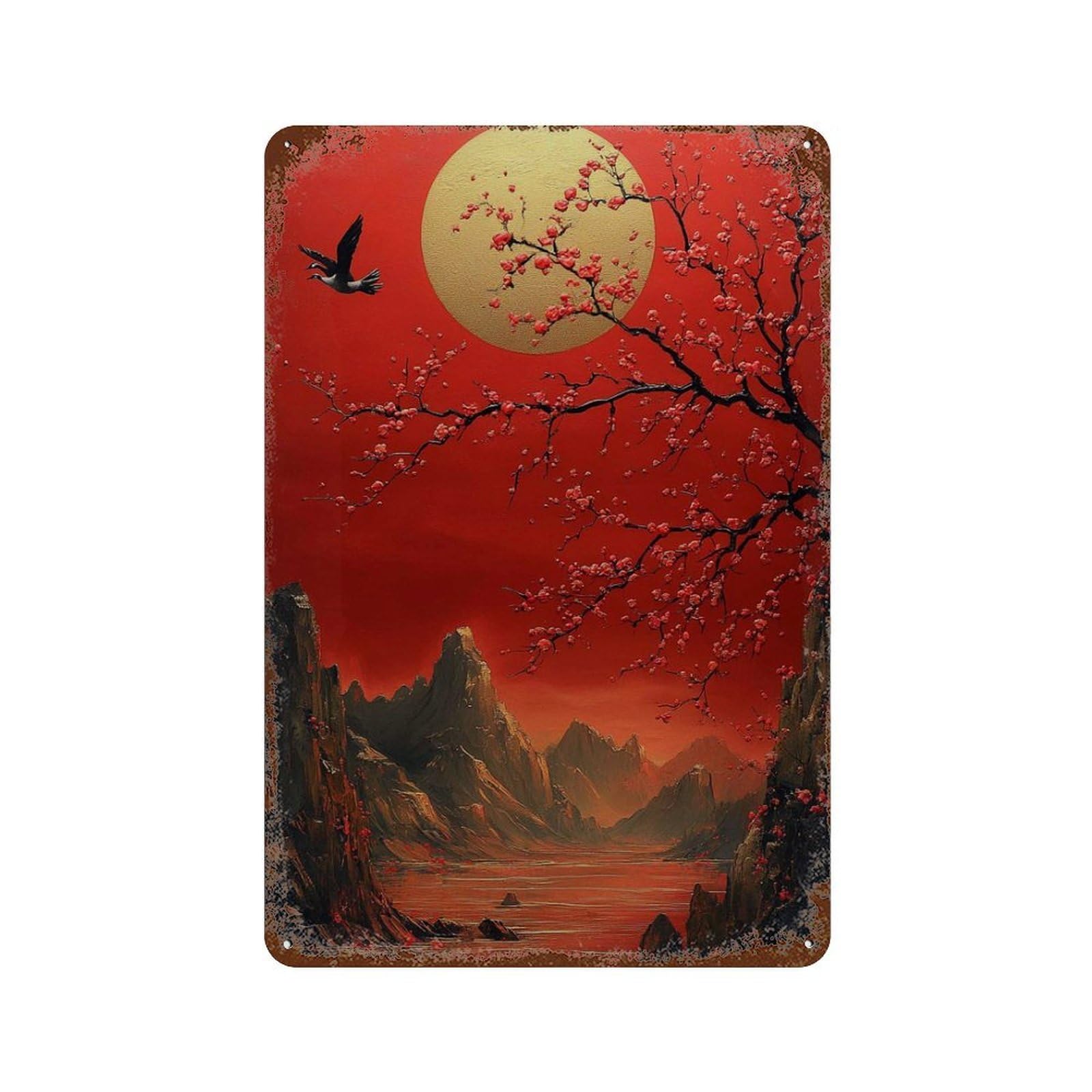 xiaoxiaoshen Red Sun Blossom Landscape Asian Mountain Vertical Nature Living Room Bedroom Off Wall Decor Art Metal Tin Poster Modern Home Decor Art Home Bar Shop Decorations Vintage Sign 30x20cm