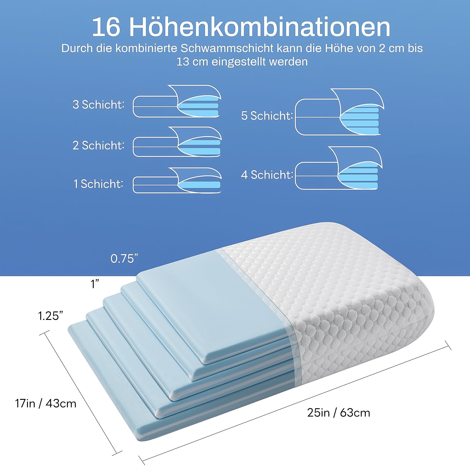 Kühlender Memory Foam Kissen 40x60, Kopfkissen Hart Fest zum Schlafen, Einstellbares Seitenschläferkissen Nackenkissen für alle Schlafpositionen mit waschbarem Bezug, Höhenverstellung von 2 bis 13 cm