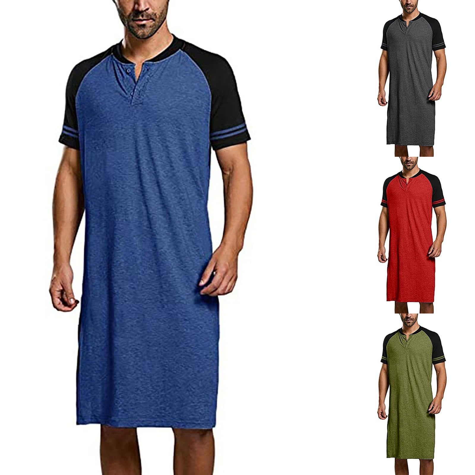 Camisón de manga corta para hombre, informal, con cuello Henley, manga raglán, camiseta básica para hombre, ropa de dormir elástica hasta la rodilla, camiseta para dormir, ropa de dormir, ropa de