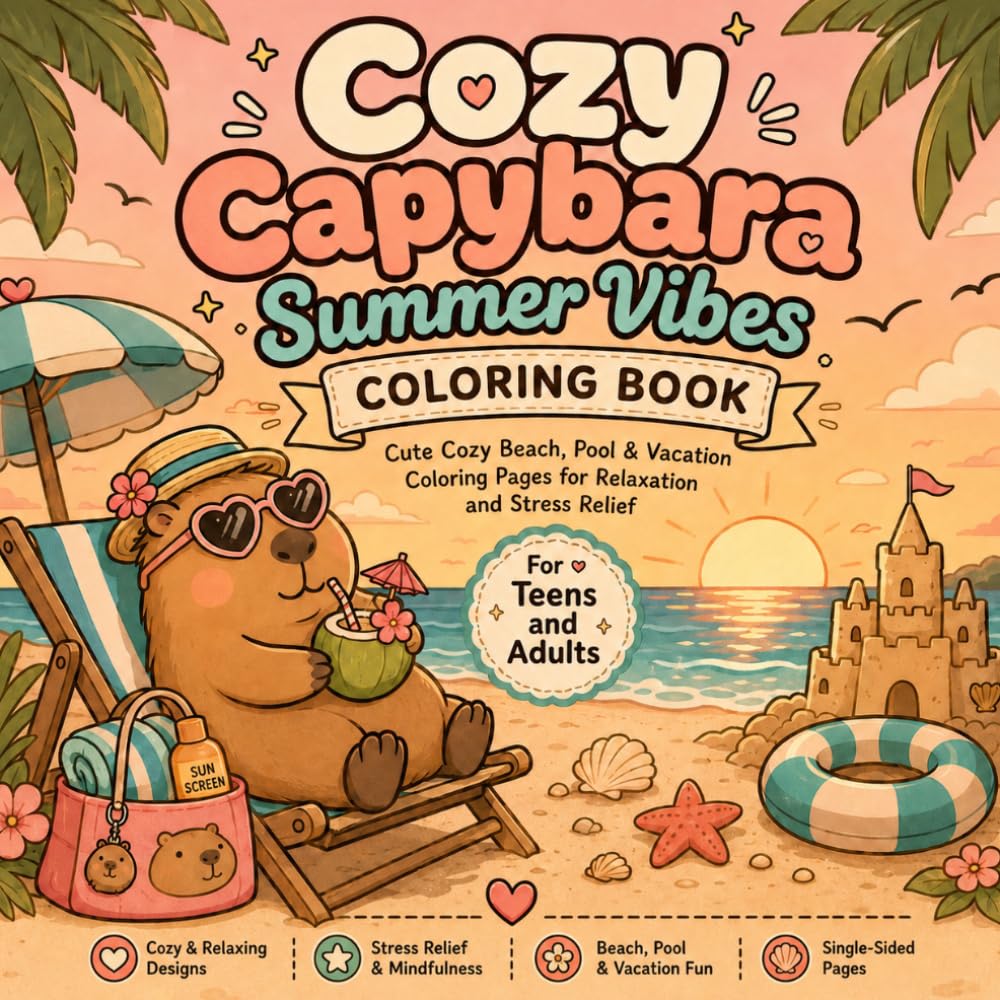 Cozy Capybara Summer Vibes Coloring Book: Cute Bold & Easy Coloring Pages for Stress Relief with Relaxing Beach, Pool, Vacation and Tropical Summer Scenes for Teens & Adults
