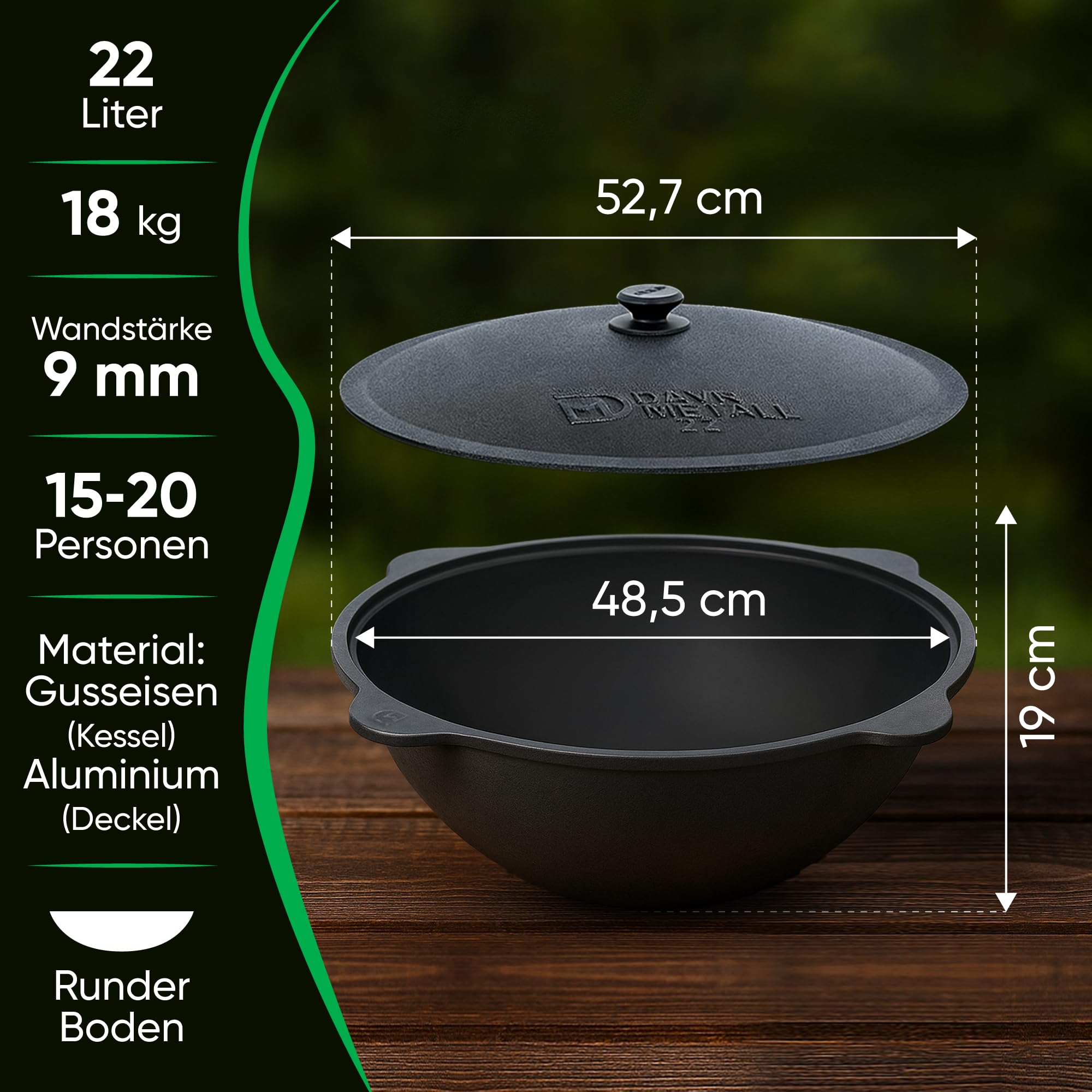 Horno de fuego de 49 cm de diámetro, 2 mm, acero 4 mm, Kazan 22 L, base plana con termómetro, Uchak Uchag Uchag Asia