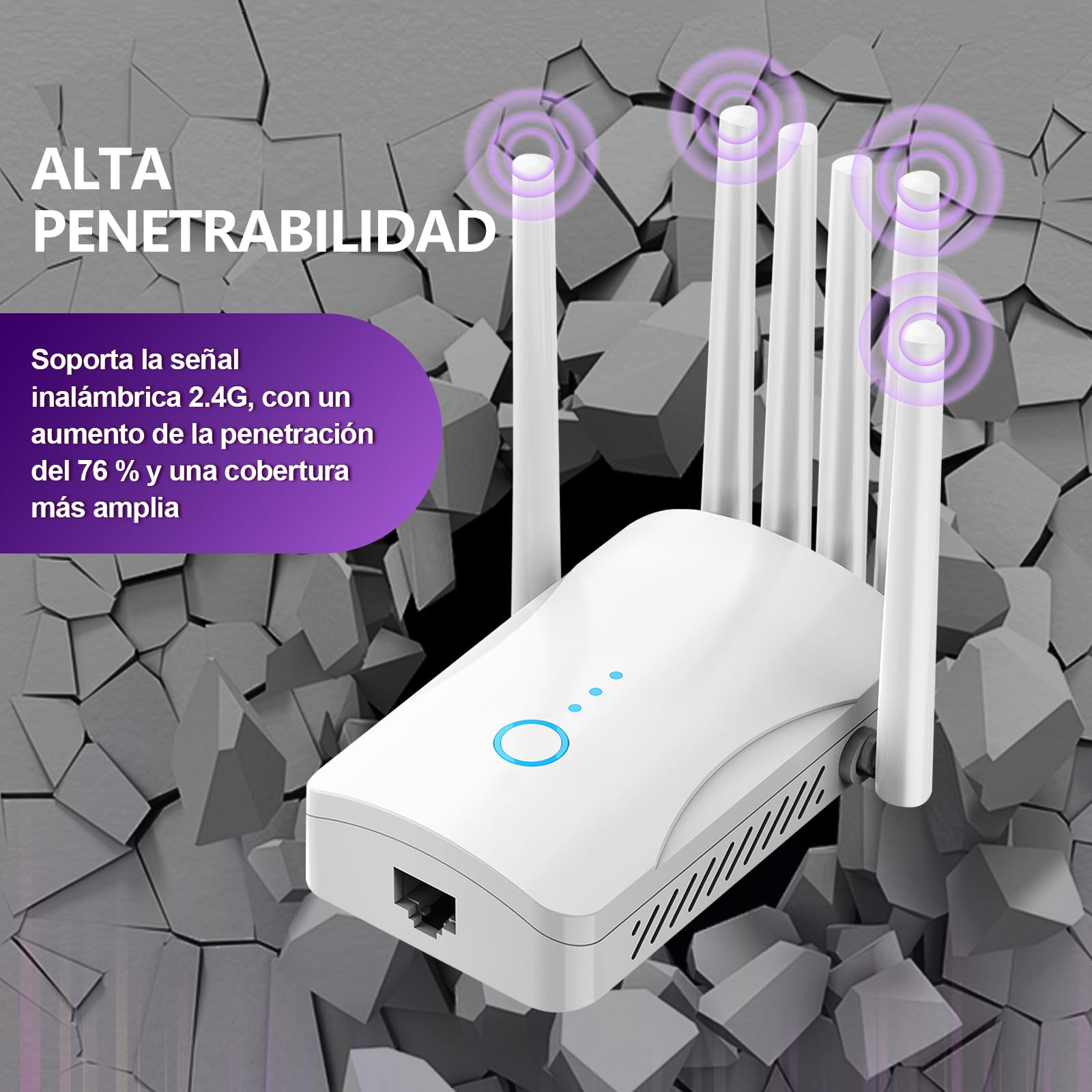 Repetidor WiFi Potente Amplificador señal WiFi, WiFi Extender Largo Alcance 6 Antenas, 1 Puertos LAN, Modos (Repetidor, Ap) Cobertura hasta 3000 pies².para Oficinas Y hogares,Fácil Instalación