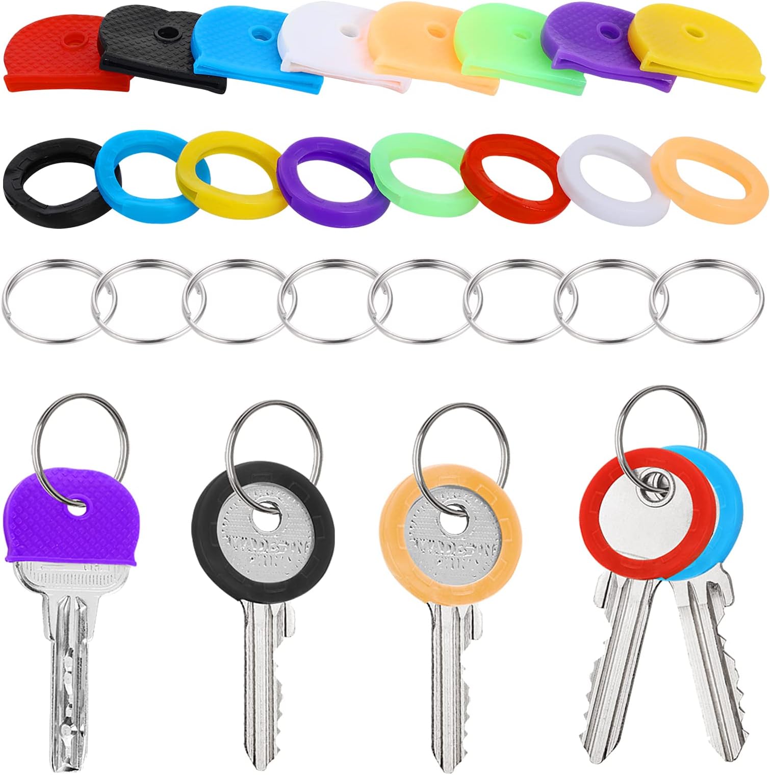 Prasacco16 Pcs Key Covers Caps, Round Key Caps Square Key Covers Key Identifier Caps Coloured Key Caps with 8 Pcs Key Rings