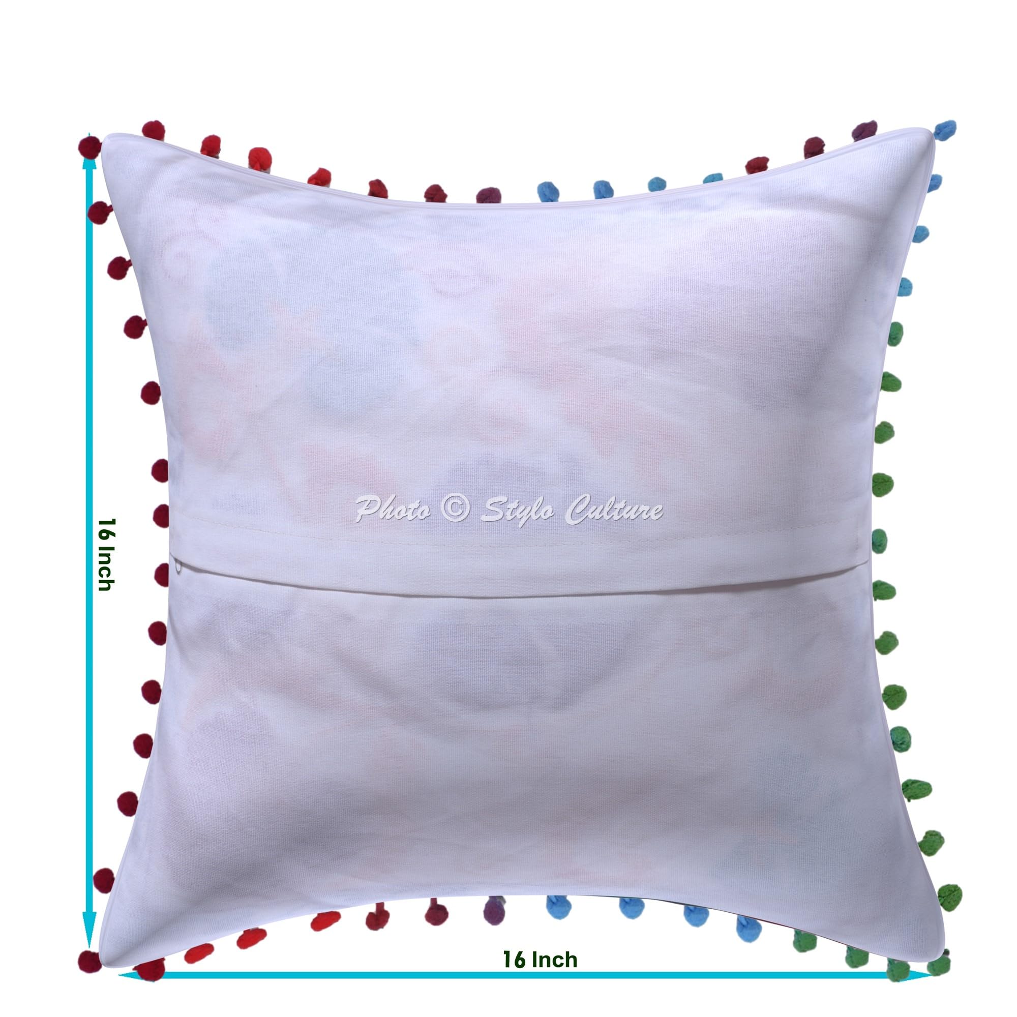 Indische Dekorativ Baumwolle Weiß Couch Kissenbezüge 40x40 cm Dekokissen Suzani Bestickte Pom Pom Spitze Schlafzimmer Sofa Kissen Bezüge Blumen Quadrat Kissenhullen - 4 STK.