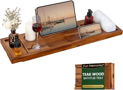 Teak Bathtub Tray - Luxury Bath Tray with Expandable Handles, Wine Glass and Phone Holders, Book Stand - Perfect for Home Spa Relaxation and Reading - Natural Bath Accessories