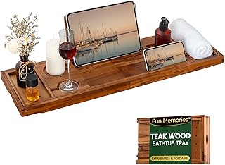 Teak Bathtub Tray - Luxury Bath Tray with Expandable Handles, Wine Glass and Phone Holders, Book Stand - Perfect for Home Spa Relaxation and Reading - Natural Bath Accessories - Light Walnut Color