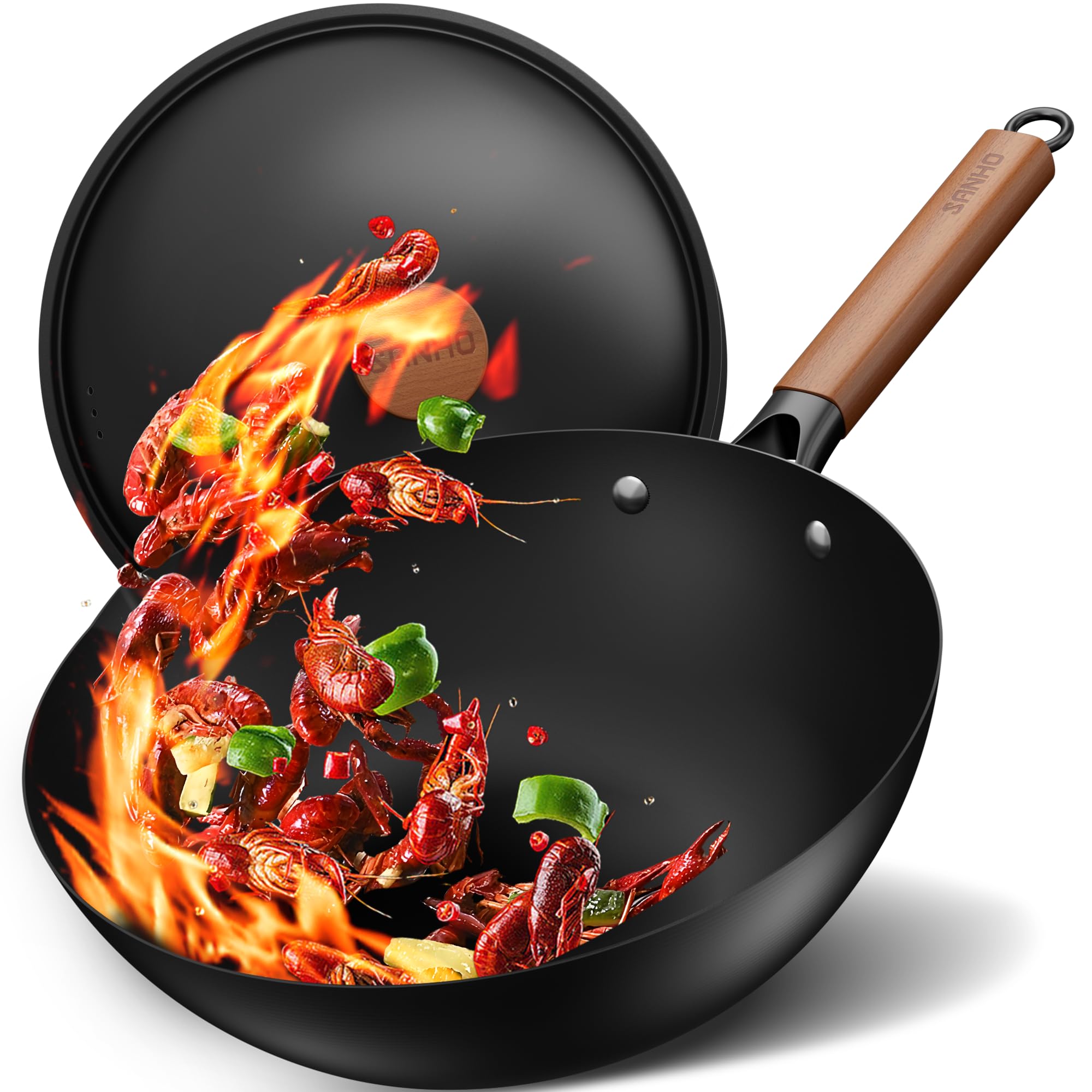 Sanho Carbon Steel Wok with Lid - 32cm/4.7L Non Stick Wok, Pre-Seasoned & 0 Chemical Coating, Healthy Stir Fry Pan for All Hobs (Gas, Induction (<800W), Electric, Ceramic), Multipurpose Cooking