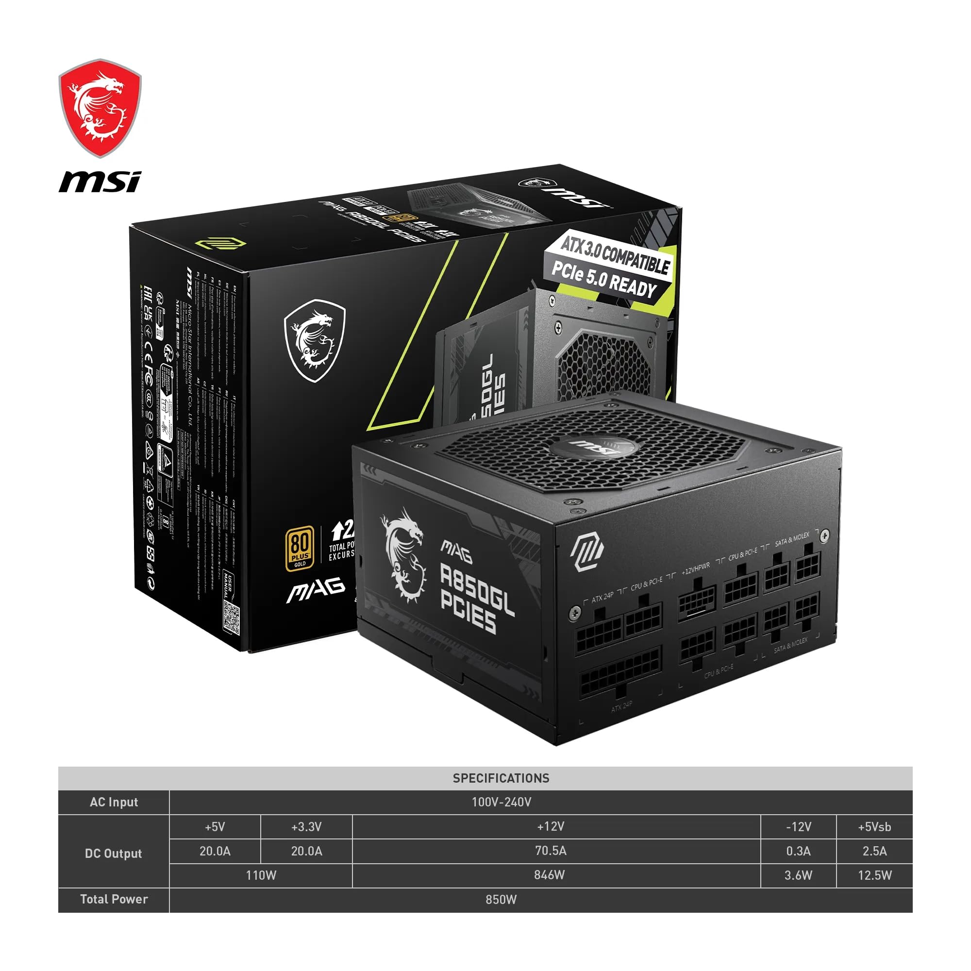 MSI MAG A850GL PCIE5 Alimentatore 850W 80 Plus Gold Modulare ATX 3.0 PCIe 5.0