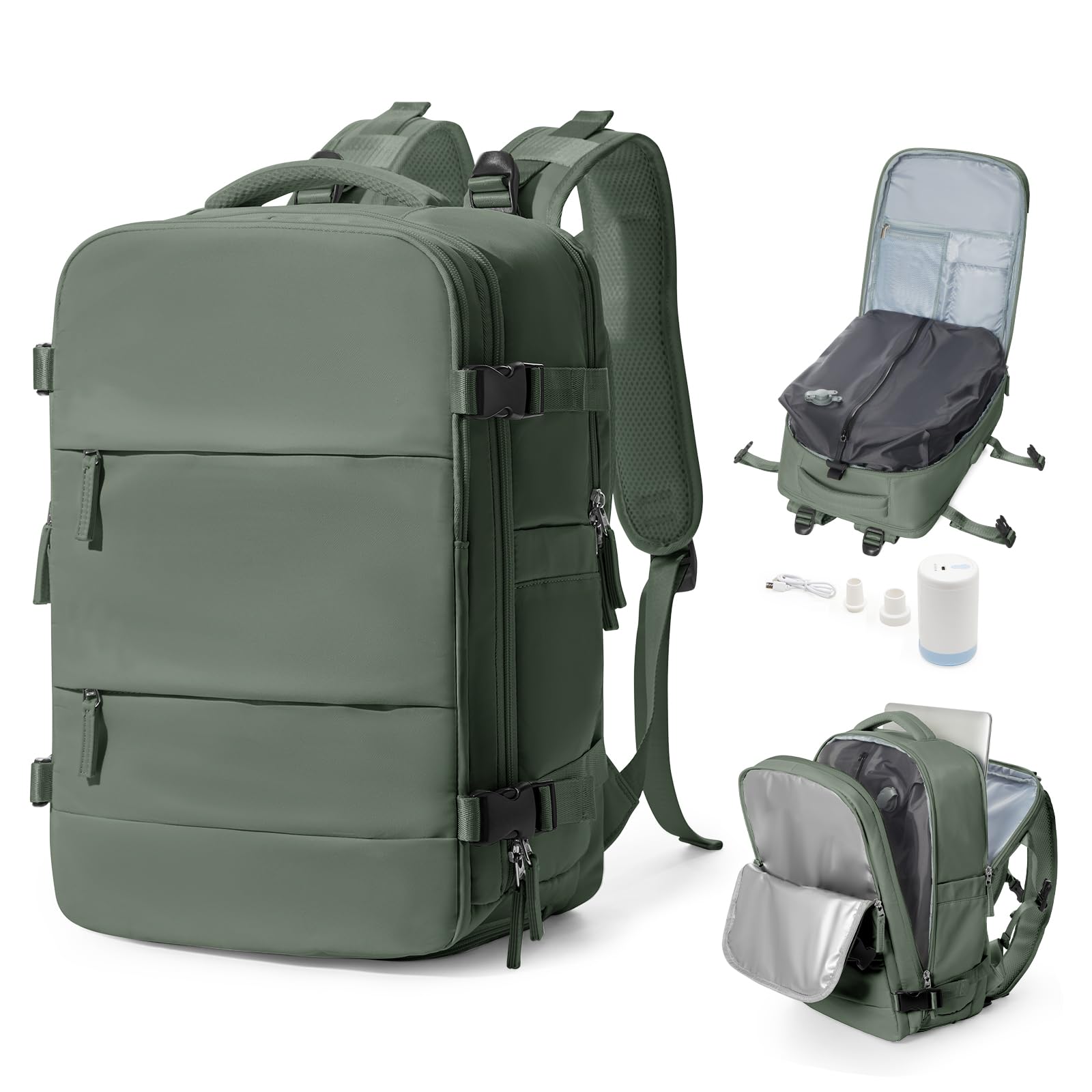 bergsalz Travel Backpack Essentials For Women Men Airline Approved Personal Item Travel Bag College Laptop Backpack L1-olive Green with electric pump