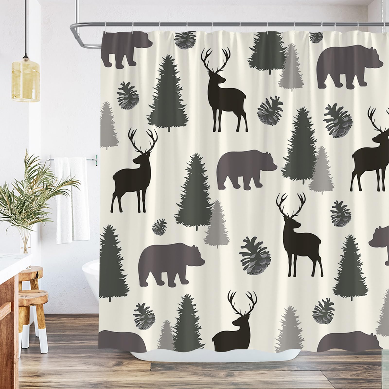 Rustic Lodge Shower Curtain Set - Bear Deer Forest Wildlife Design, 75x70 Inches, With 12 Hooks