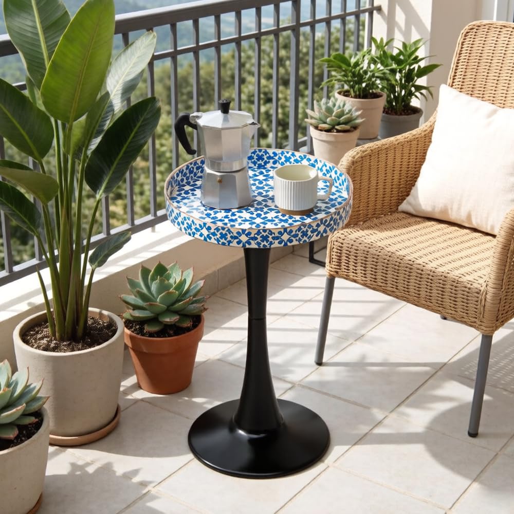 Ansley&HosHo 38cm Round Outdoor Garden Table with Trumpet Leg, Small Outdoor Side Table for Balcony Terrace, Accent Patio Table with Mandala Pattern, Dark Blue