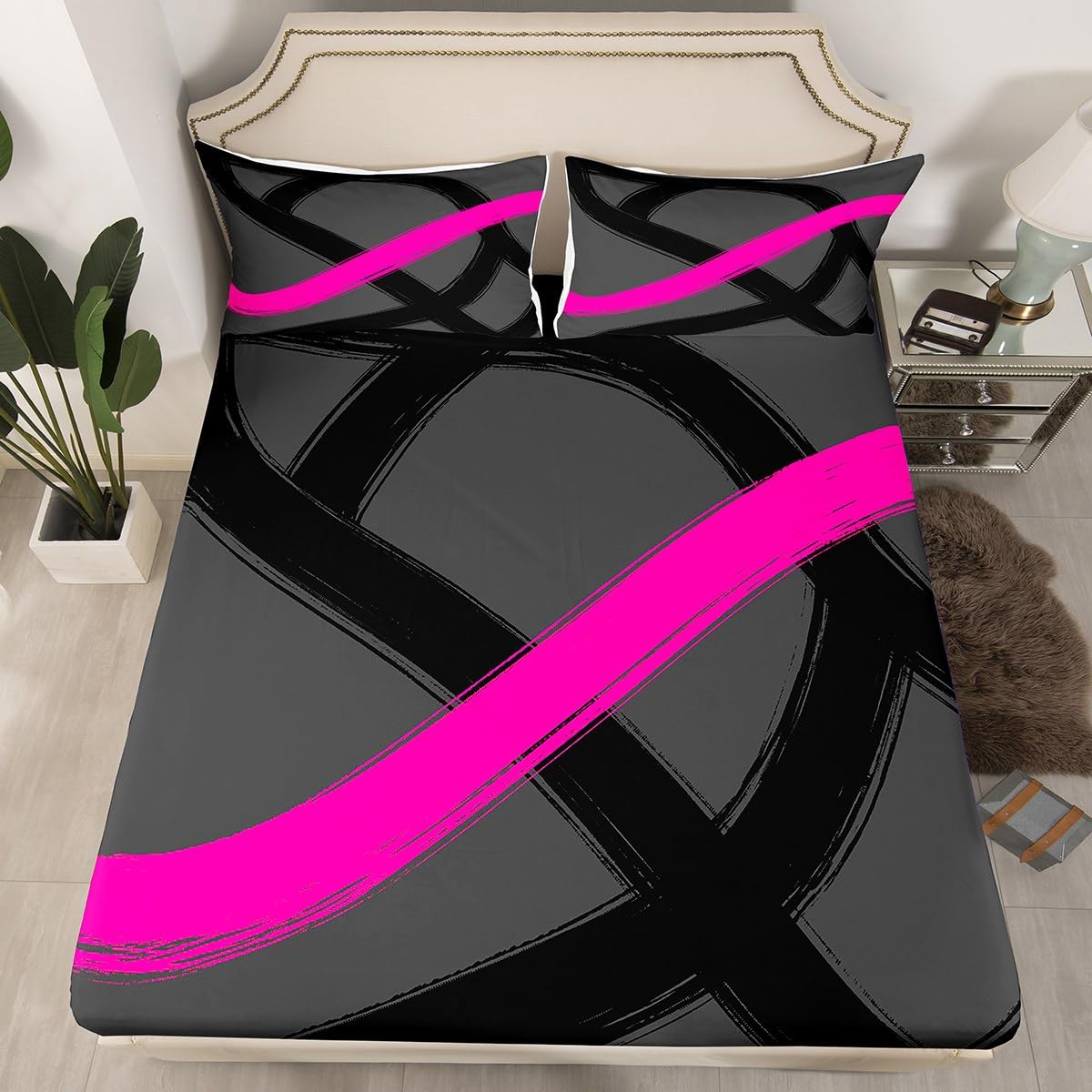jejeloiu Hot Pink Black Stripes Bed Sheets Set Kids Twin Size Geometric Modern Abstract Art Bedding Set for Boys Girls Teens Luxury Geometric Line Fitted Sheet Room Decor