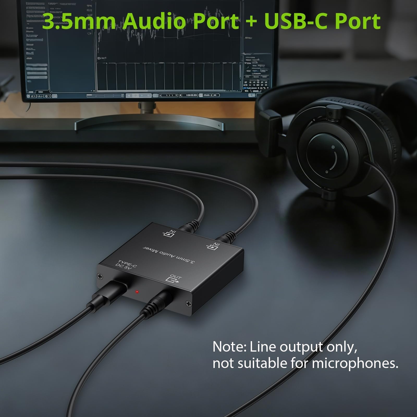 LiNKFOR Mixer Audio 3.5mm Stereo a 2 Canali con Alimentazione USB-C 3.5mm Audio Mixer Attivo con Ingressi Placcati Oro per PC, Console, Smartphone, Cuffie e Casse Amplificate – Include 2 Cavi