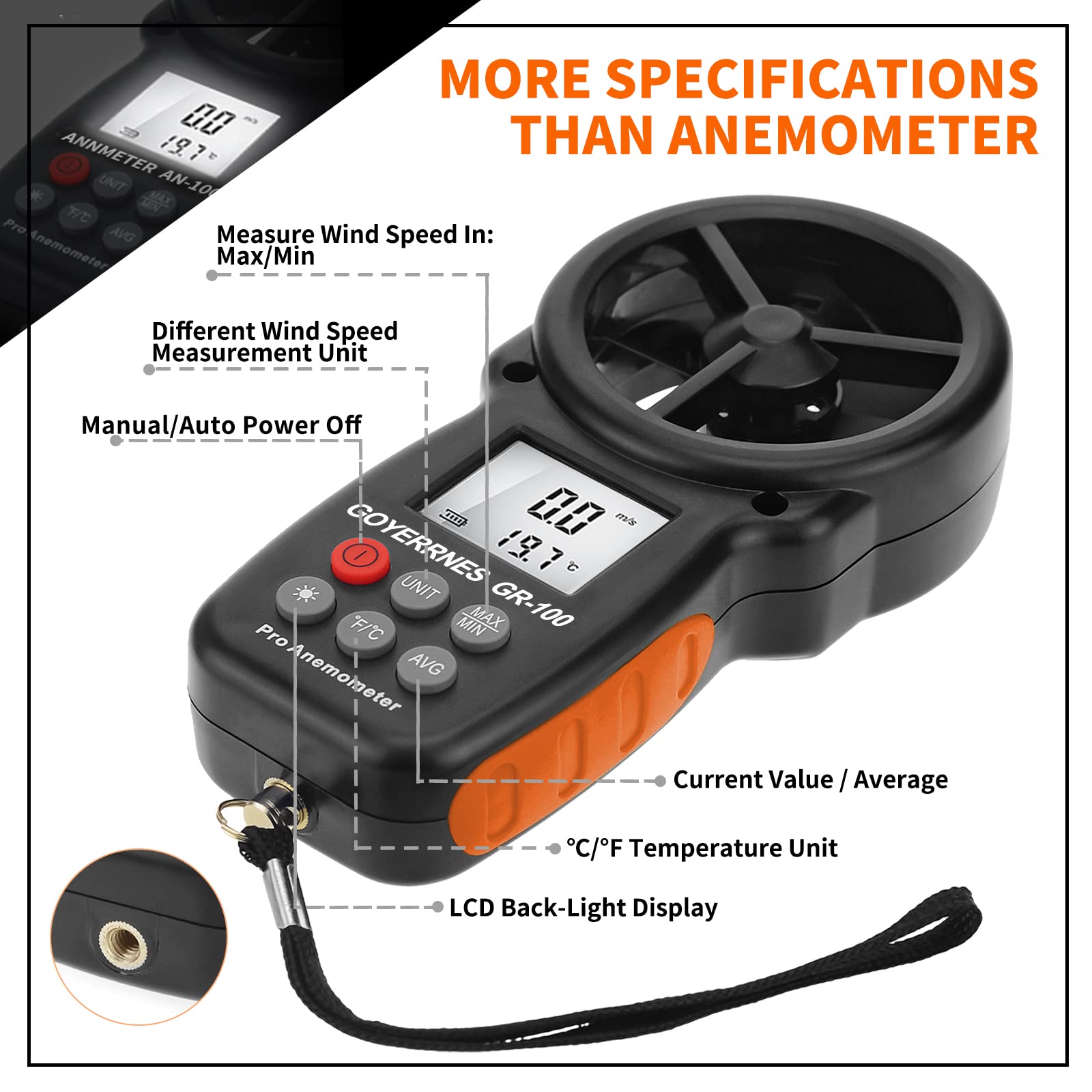 Anemometro digitale Misuratore di velocità del vento portatile 0,7~42m/s Anemometro tascabile della velocità dell'aria con bussola