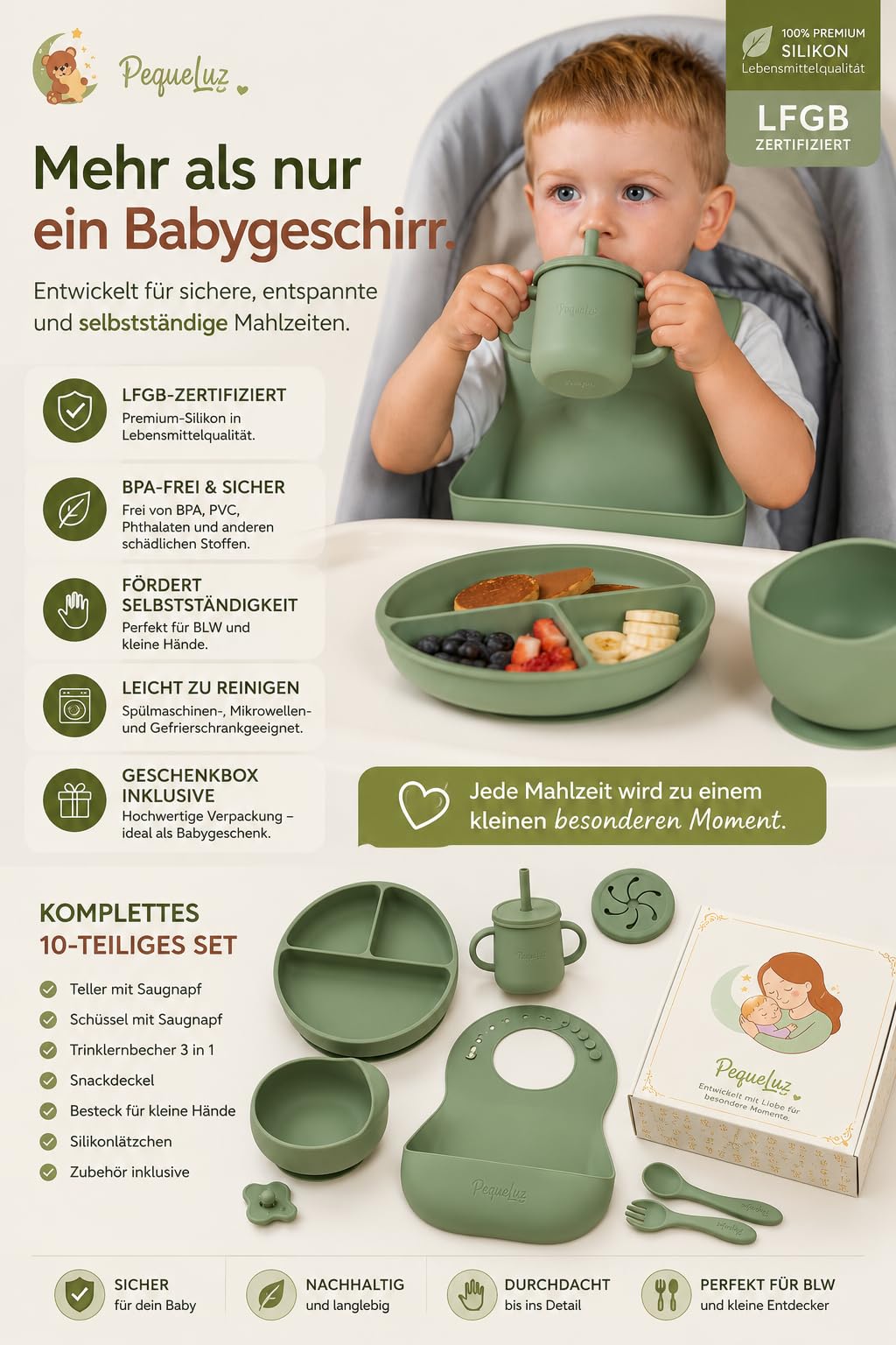 Set Pappa Svezzamento Neonati in Silicone LFGB – 10 Pezzi | Set Autosvezzamento Premium con Piatto e Ciotola con Ventosa, Tazza, Bavaglino e Posate Bambino | Senza BPA