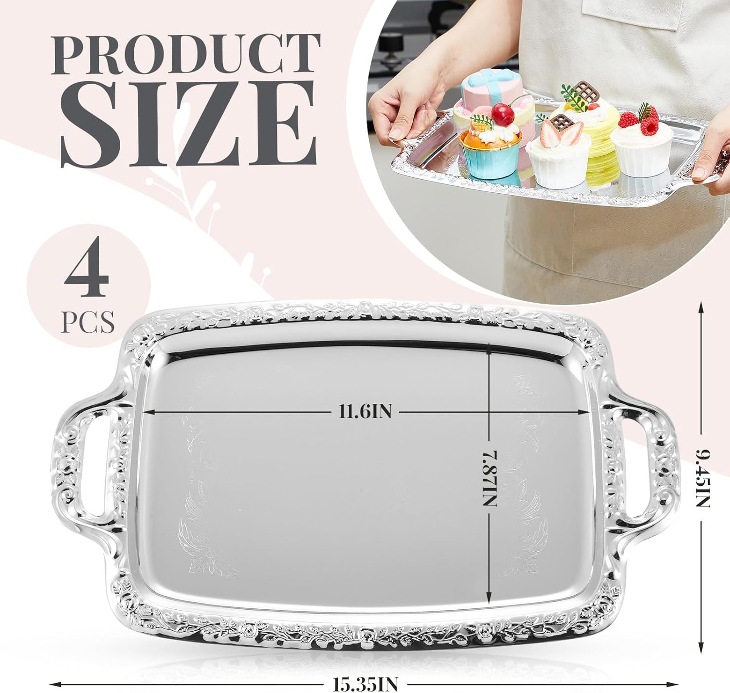 tiangrid 4 pcs silver serving tray with handle elegant floral metal plate silver platter for buffet wedding party jewelry decorative (oblong) 4 oblong