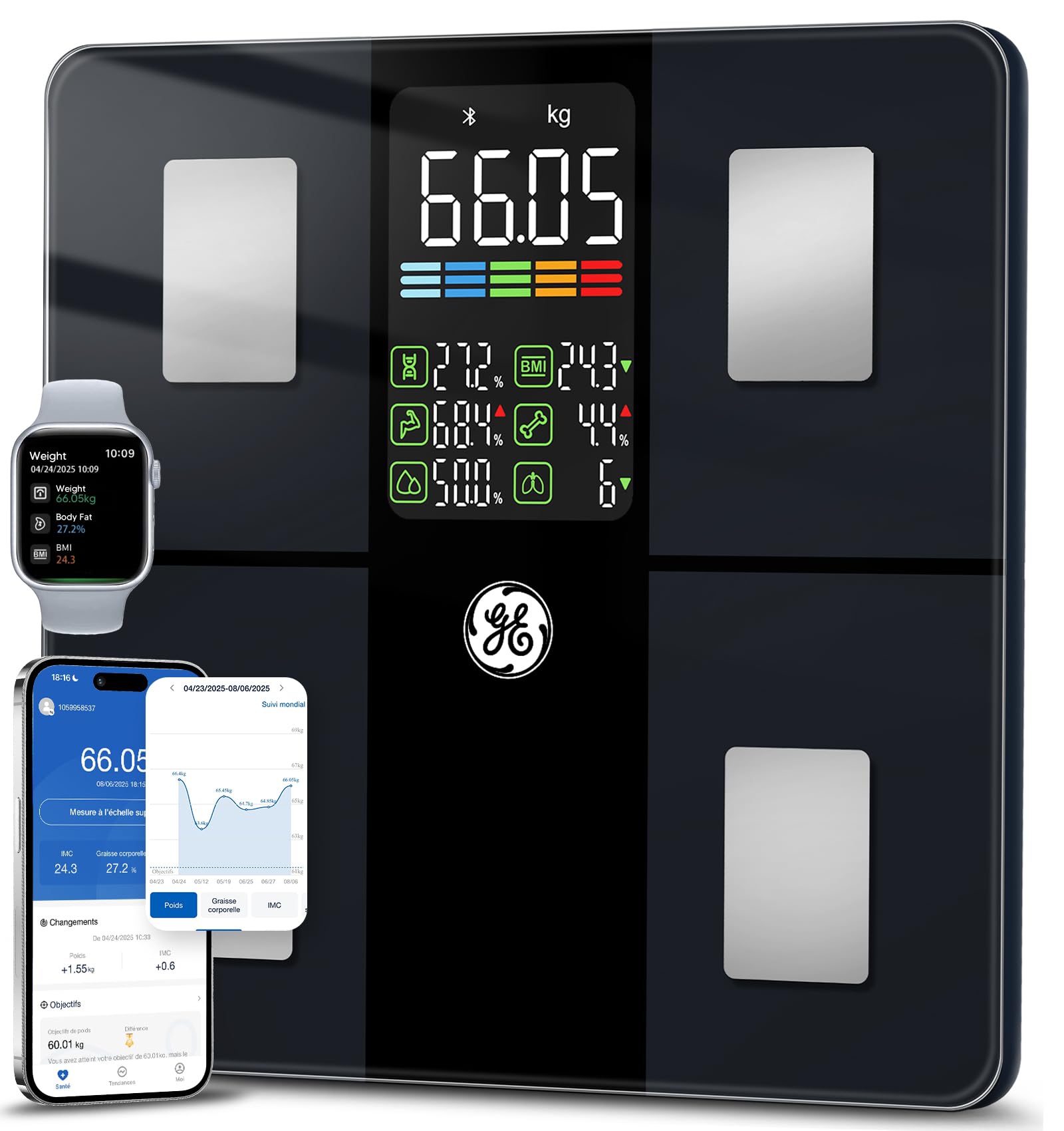GE Pese Personnes Connectée Smart, Balance Connectée avec Grand écran 14 Données Corporelles Masse Graisseuse et Musculaire IMC Bluetooth Pèse Personne avec APP 180 kg Black