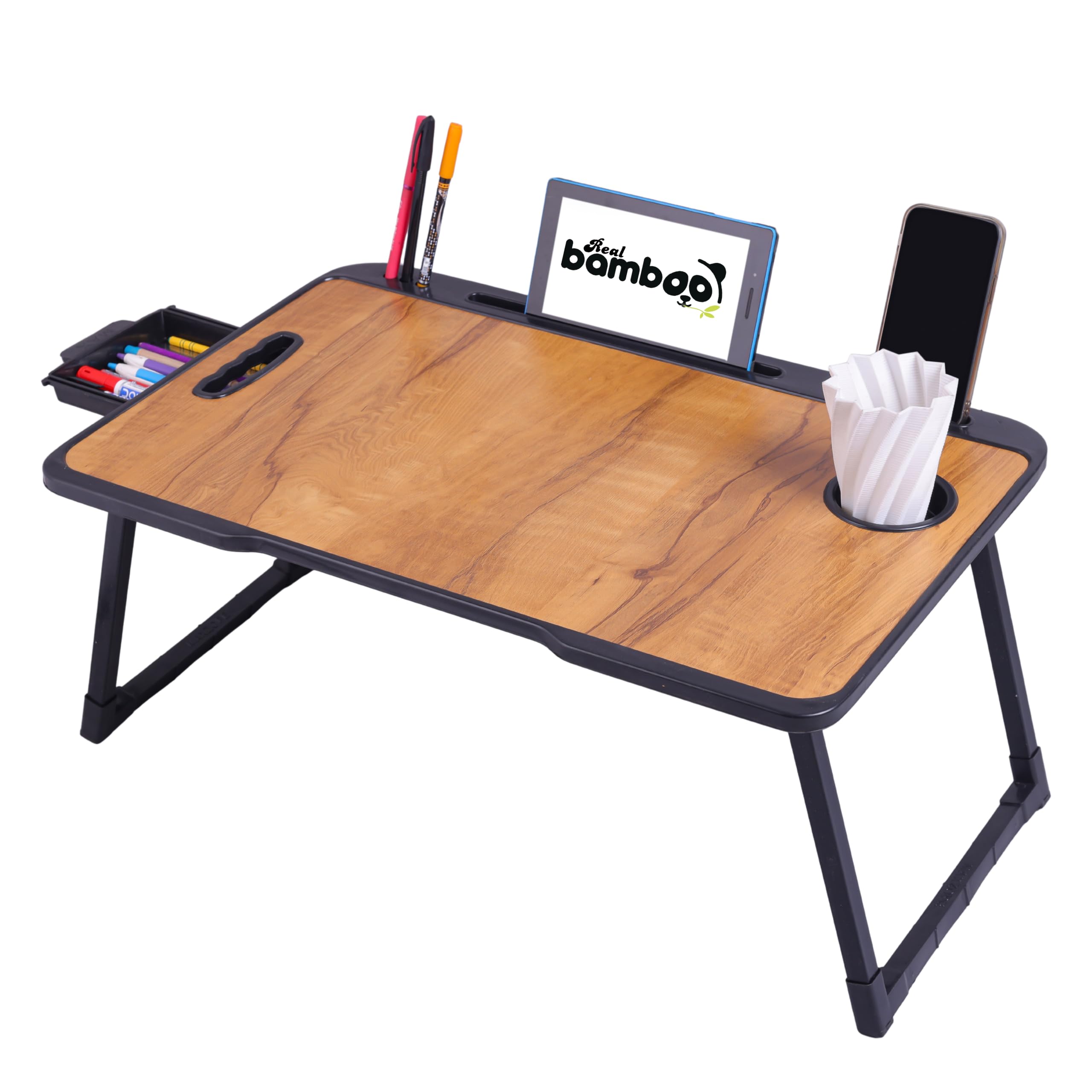 Real Bamboo Foldable Laptop Table for Bed Desk Portable Study Writing Multipurpose Adjustable Tray with Tablet Holder Cup Slot Storage Drawer (US Biding AWOOD)