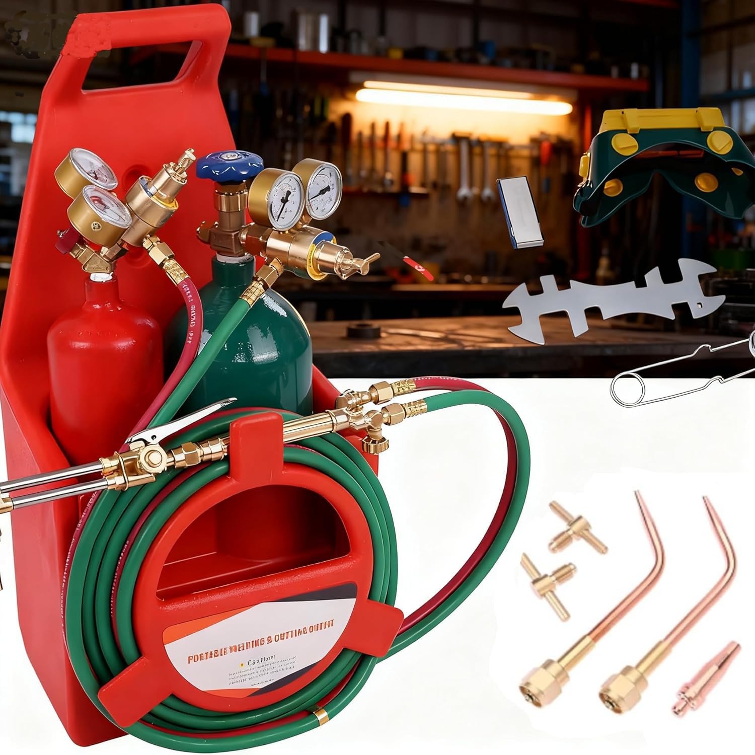Portable Oxy Acetylene Torch Kit, Complete Welding & Cutting Kit with Oxygen & Acetylene Tanks, Dual Gauge, Regulators & Hoses, Professional Tote Oxygen Acetylene Torch Set for Brazing, Cutting