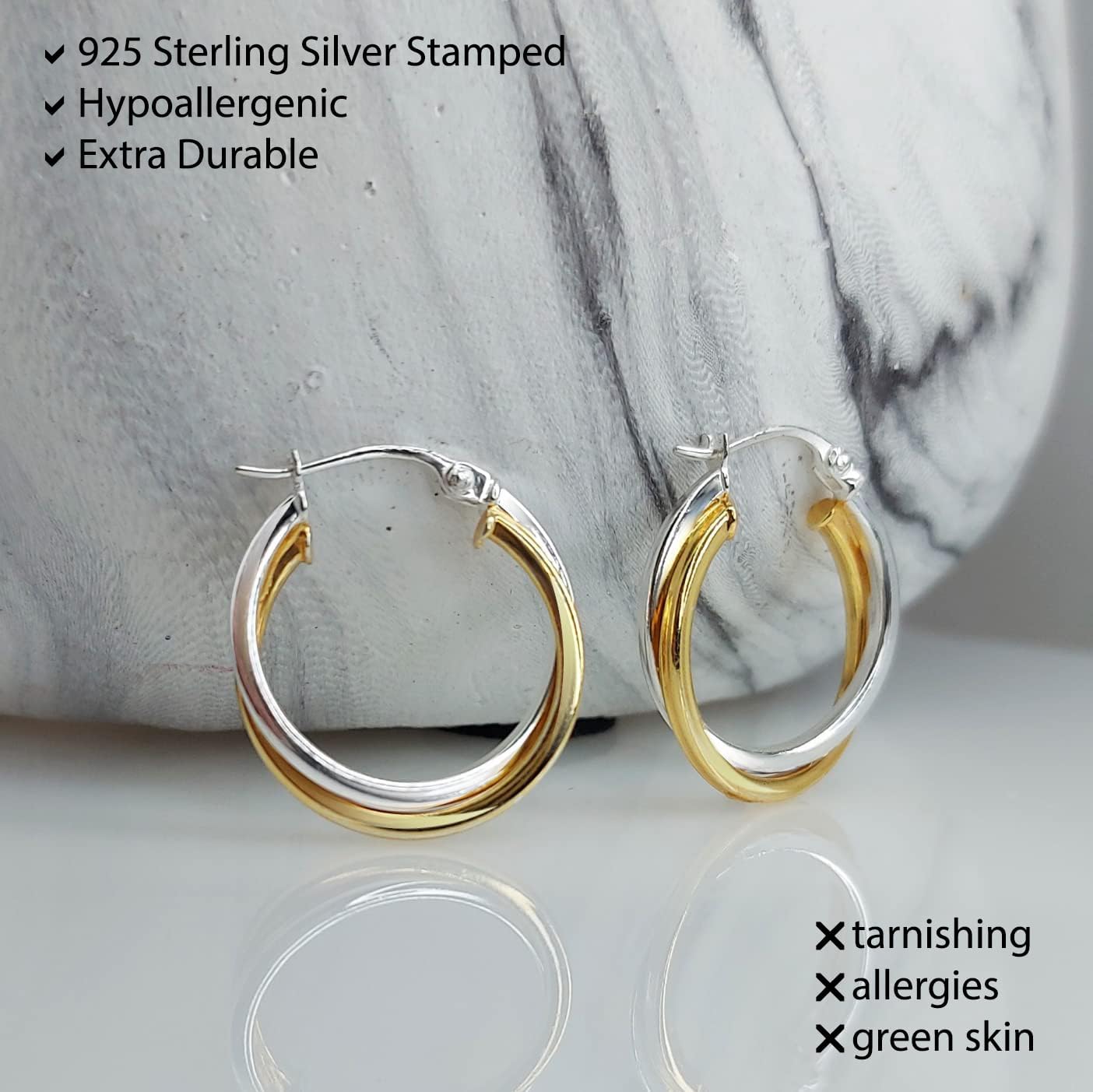 Hoops & Loops 925 Sterling Silver Intertwined Round Hoop Earrings for Women, Two-Tone Layered Trendy Double Square-Tube Hypoallergenic Click-Top Hoops, 20mm, 25mm, 35mm Silver, 14k Yellow Gold, Rose Gold, Black Flash Plated - Image 5
