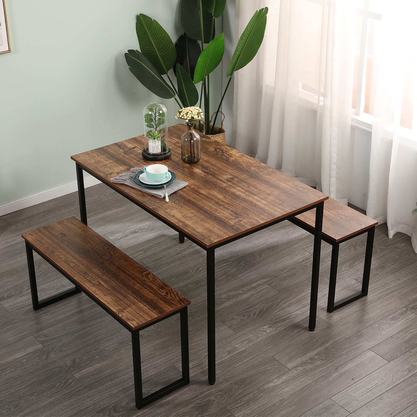 soges 3 PCS Dining Table Set for 4 with 2 Benches, Soho Dining Table and Chairs Set, Industrial Kitchen Table and Chairs Kitchen Breakfast Table Set, Dining Set with Metal Frame,CZJYB-yzld01-CA — view 2