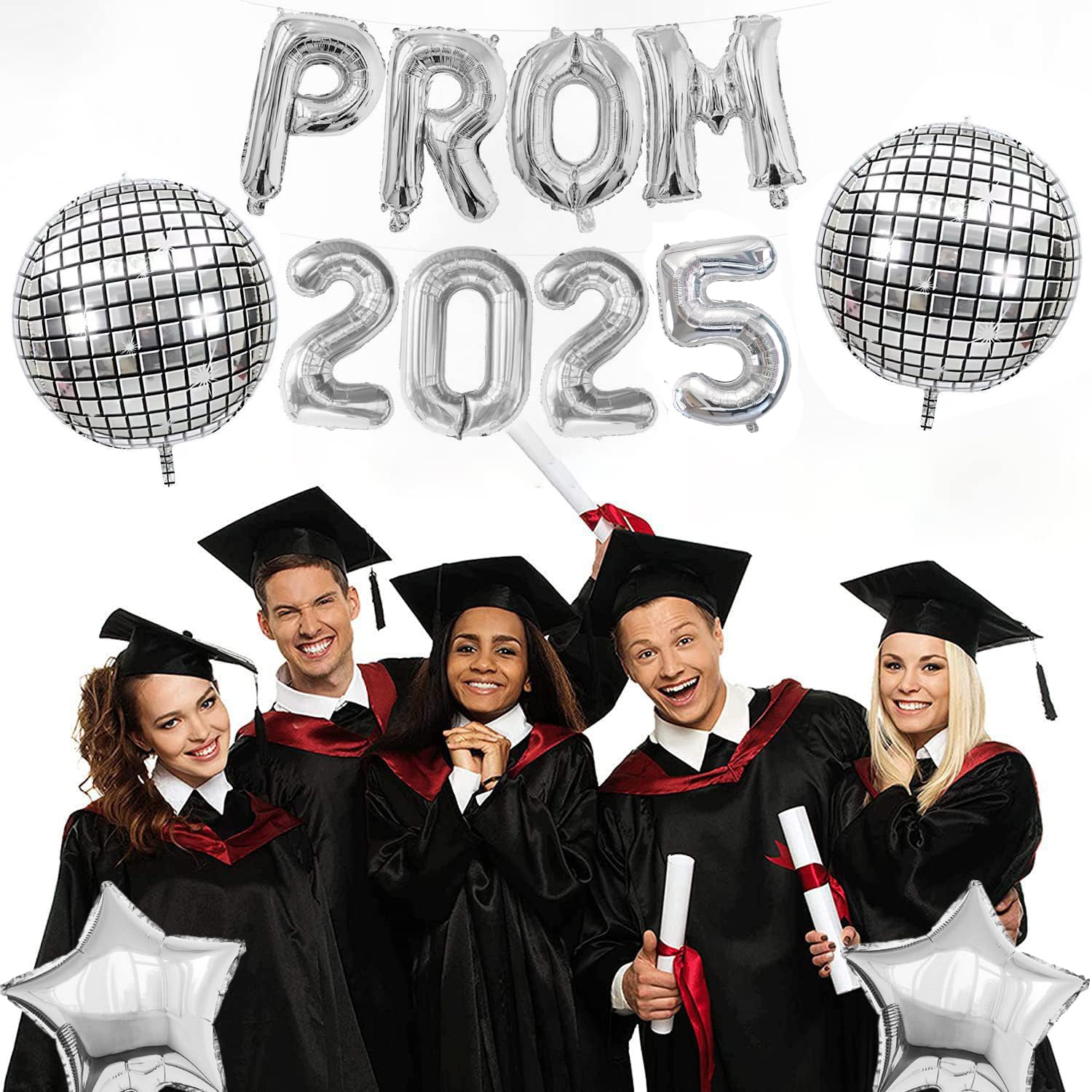 Elicola Prom 2025 Balloons Banner with 2Pcs Star and Prom Disco Ball Foil Balloons Backdrop for High School College Grad Graduation Class of 2025 Party Decorations,Silver - Image 4