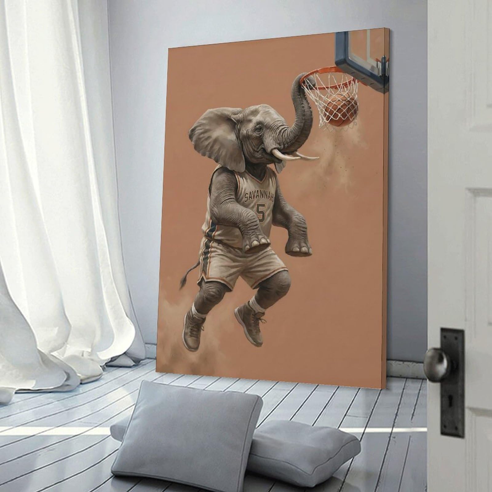 Junmoney Elephant Basketball Player Dunking Room Decor Wall Art, 20x30inch(50x75cm), for Living Room, Lounge Or Sitting Room, A Home Accent with Warm Character