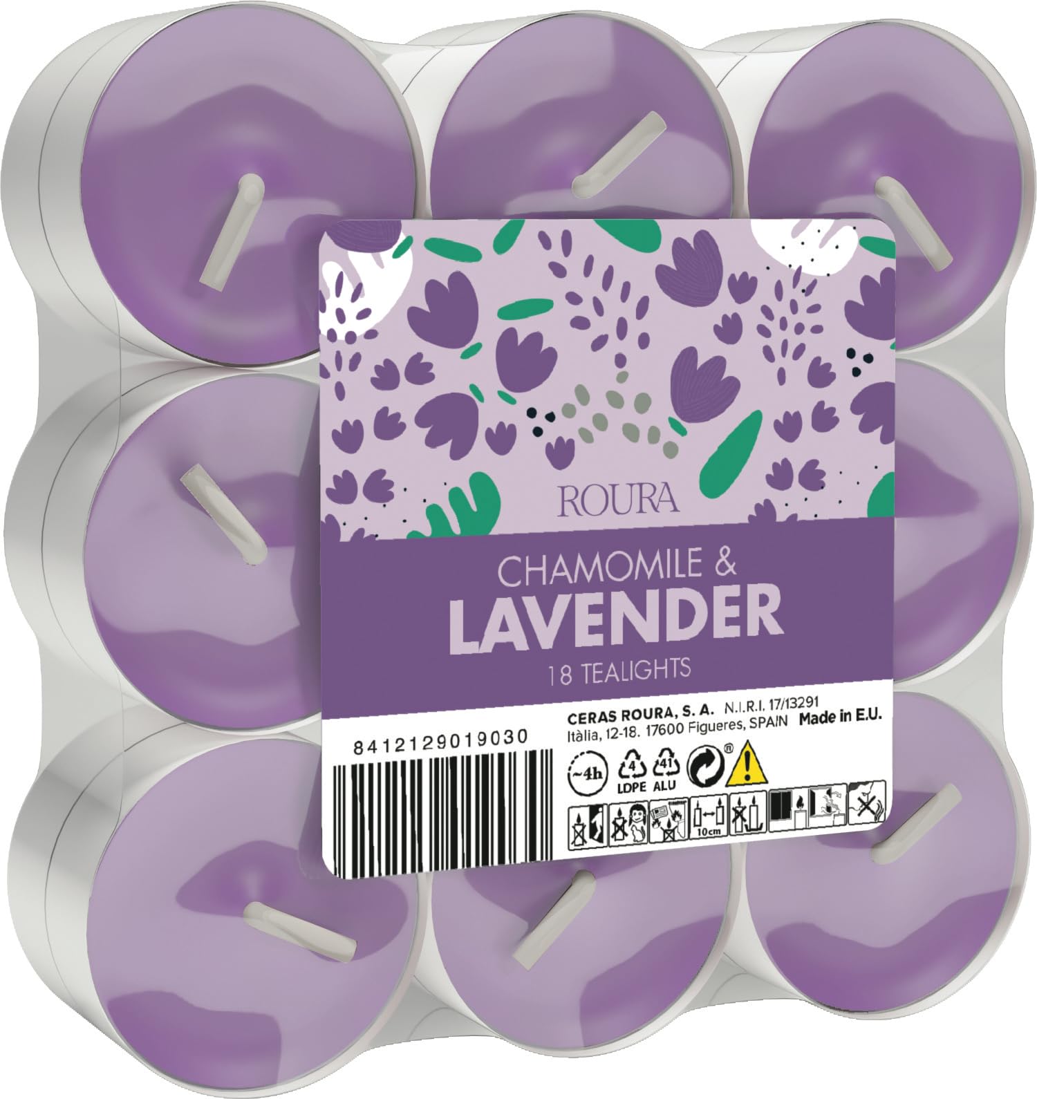 Ceras Roura Chamomile & Lavender Tealights – Pack Of 18 – Provence Lavender, Chamomile, Mimosa, Jasmine & Sandalwood – Intense Fragrance – Long-Burning Scented Tealight Candles Made In Spain