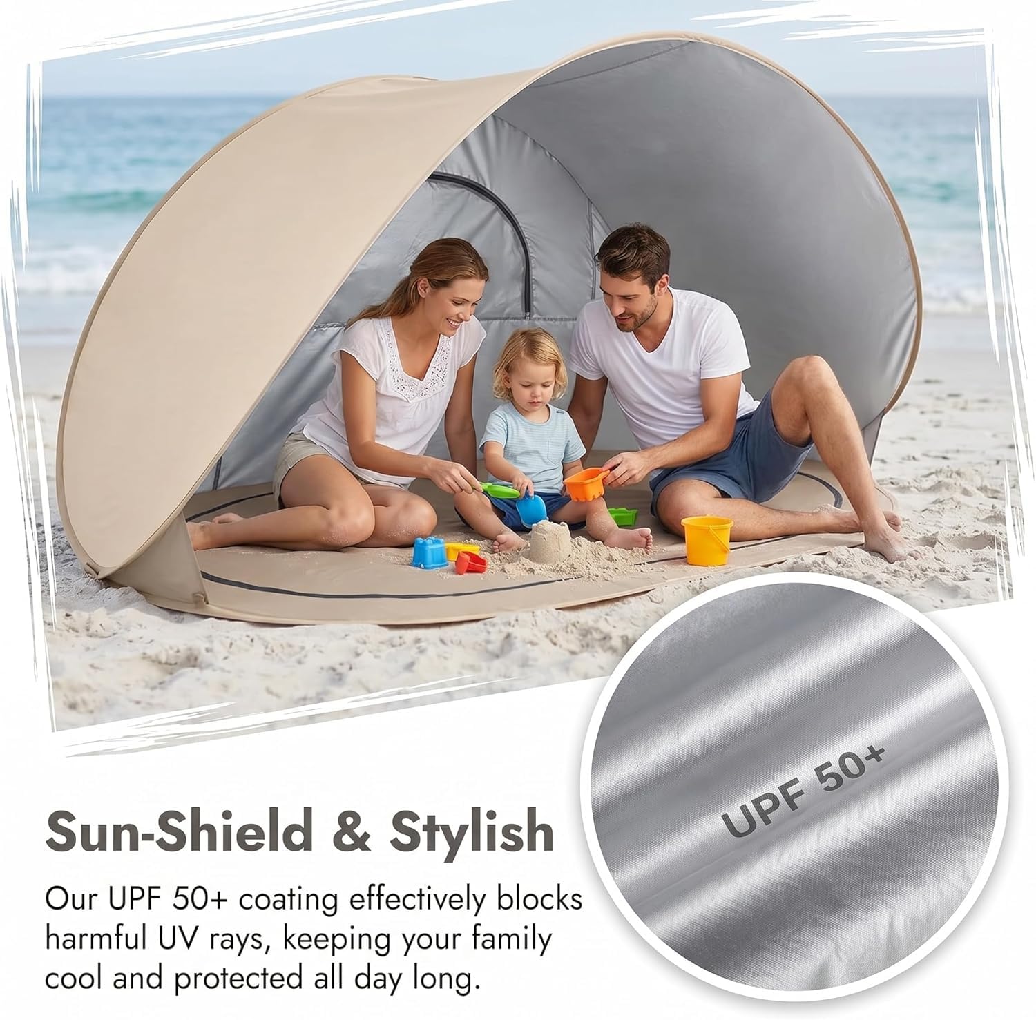 Tente de Plage Pop Up 3-4 Personnes, Abri de Plage UPF 50+ avec Tapis de Sol Amovible, Tente Pare-Soleil Portable pour Camping, Pique-Nique, Jardin et Extérieur (Beige)