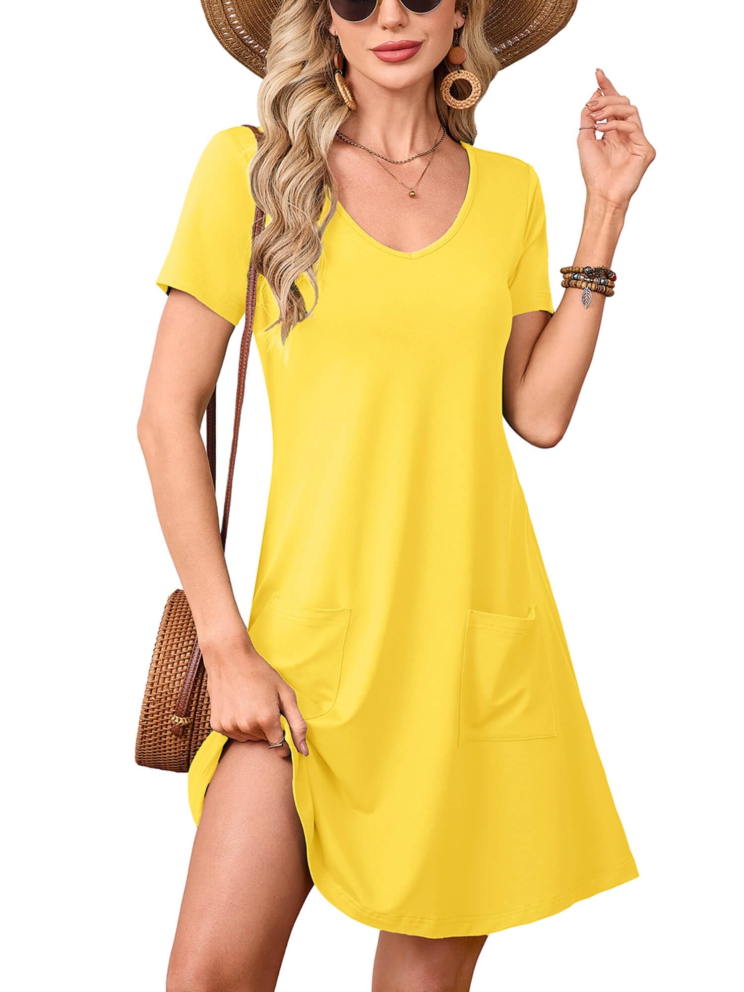 Heymoments Summer Dresses for Women Short Sleeve V Neck Swing Sundress Casual A-Line Flowy Dress with Pockets S-2XL