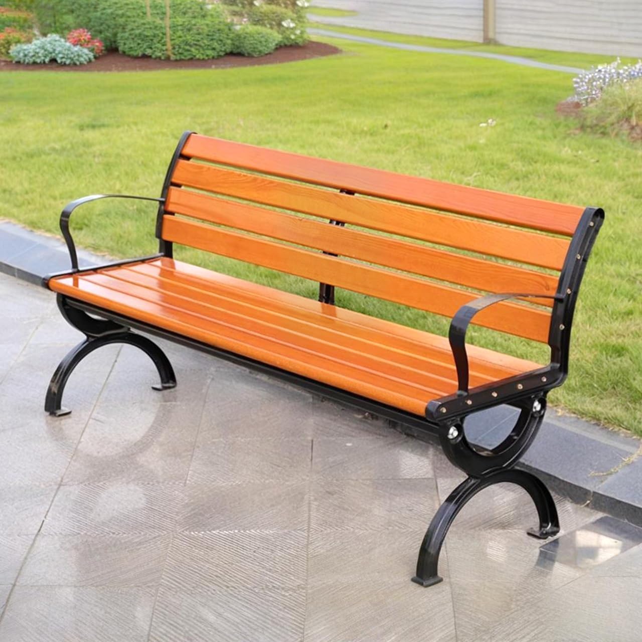 Outdoor Garden Bench Park Seat Chair with Backs,Heavy Duty 500KG Cast Iron Frame & Solid Wood Weatherproof Bench,Patio Porch Furniture Cast Iron Frame Bench for Lawn Porch Backyard