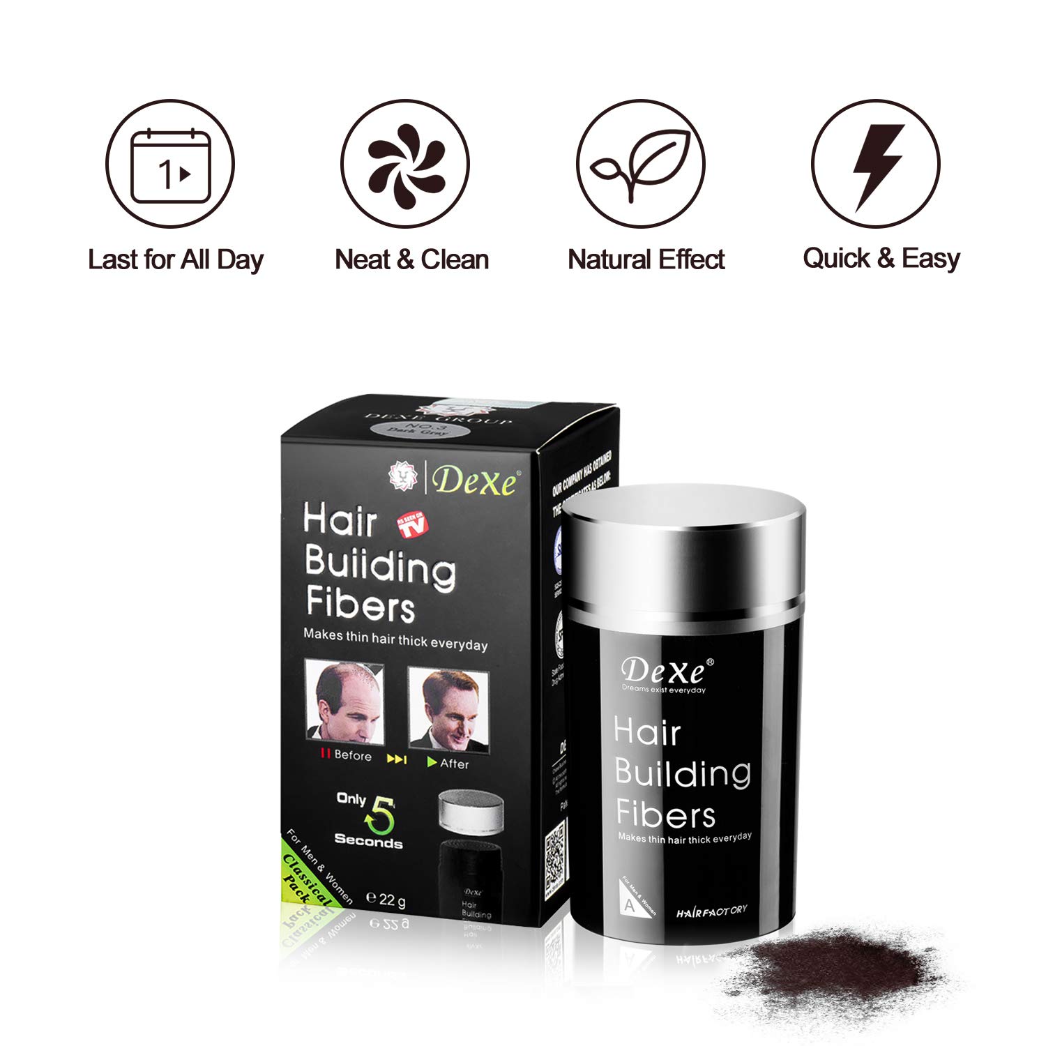 Dexe Hair Building Fibers Color Powder Instantly Thicken Thinning Hair for Men and Women (Medium Brown) : Beauty & Personal Care